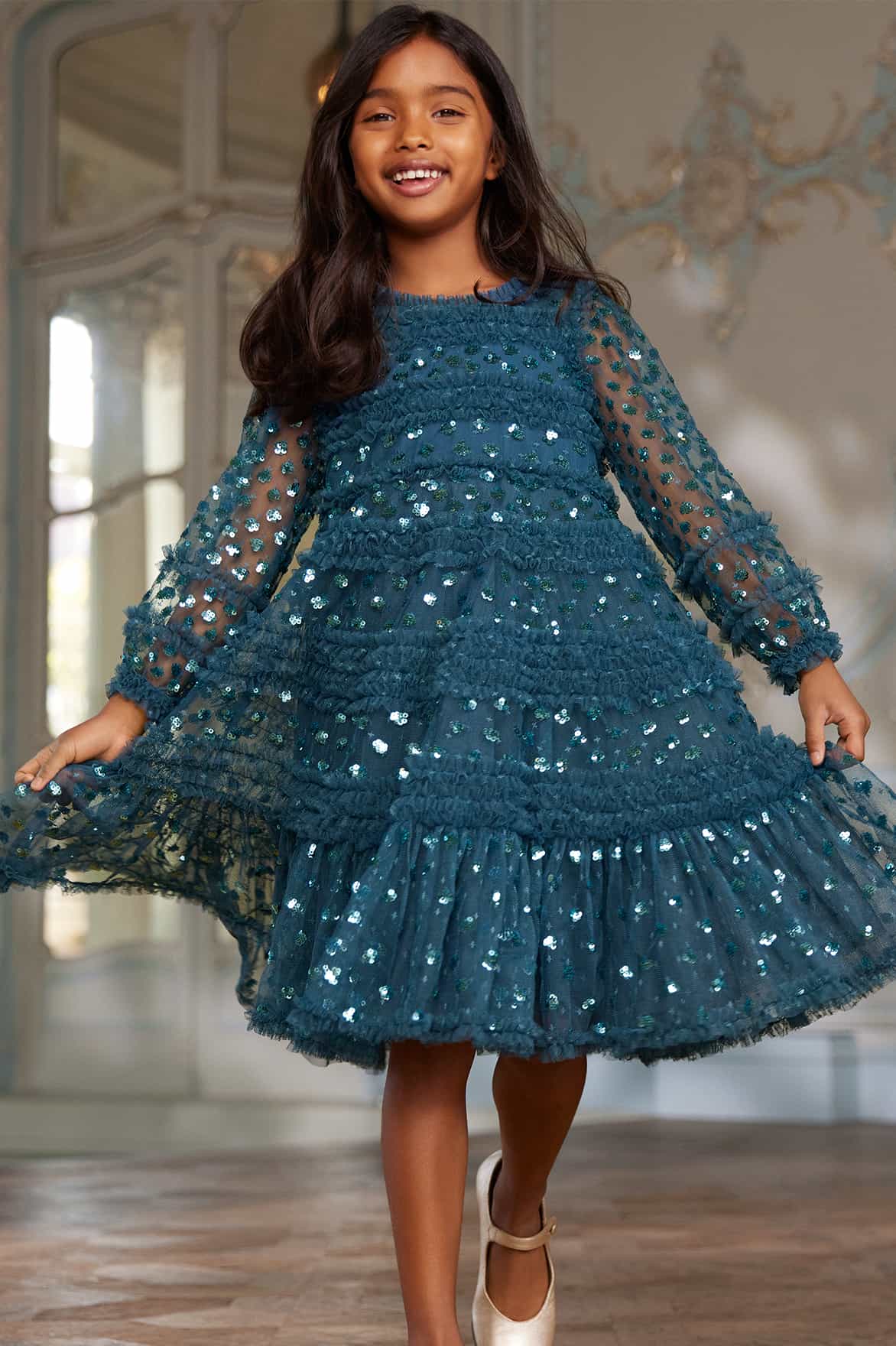 Needle & Thread Girls Dot Shimmer Long Sleeve Dress in Blue