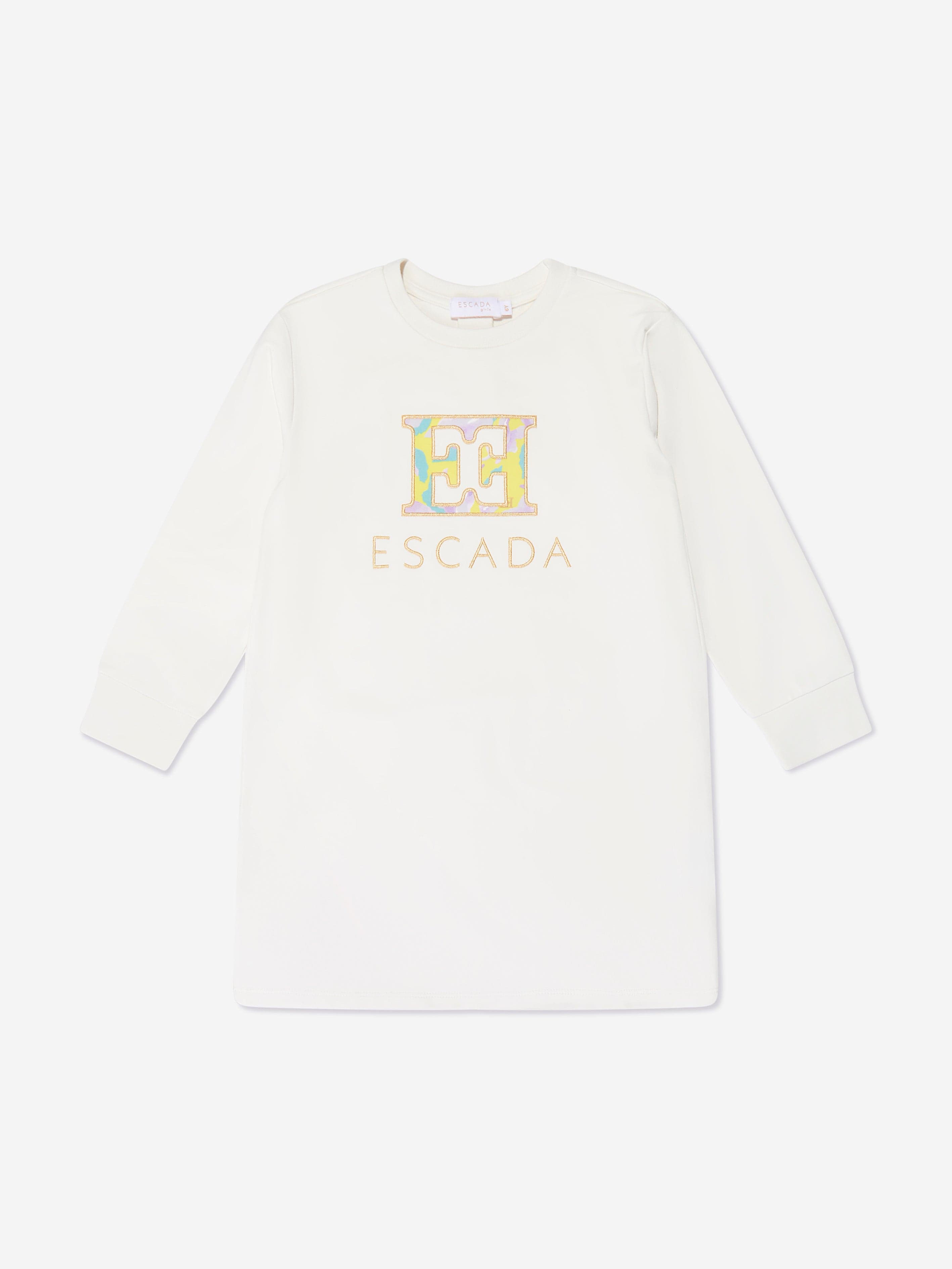 Escada Girls Embroidered Logo Sweater Dress in White