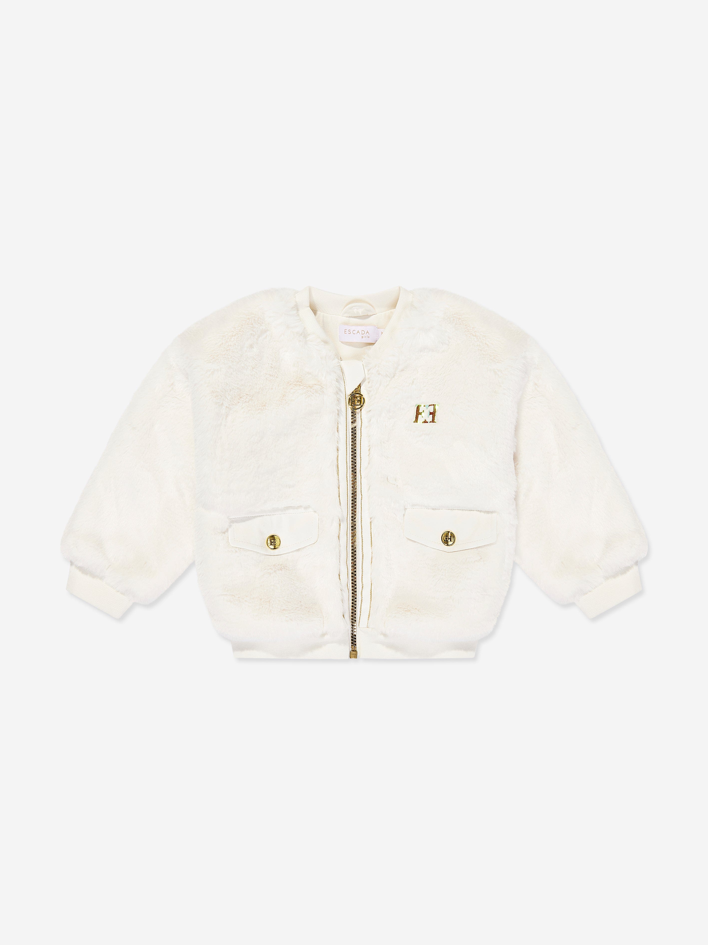Escada Girls Embroidered Logo Faux Fur Jacket in Ivory