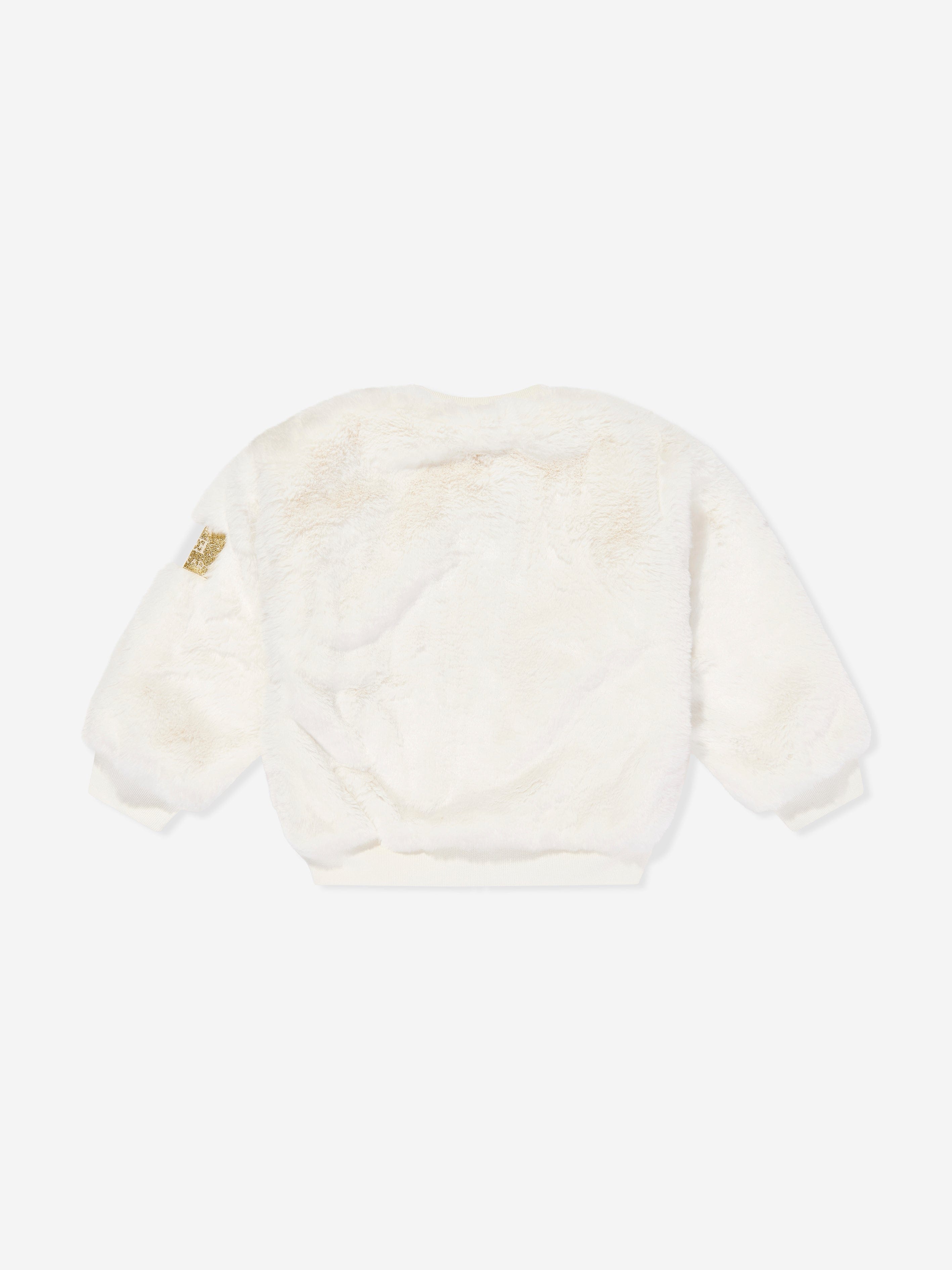 Escada Girls Embroidered Logo Faux Fur Jacket in Ivory