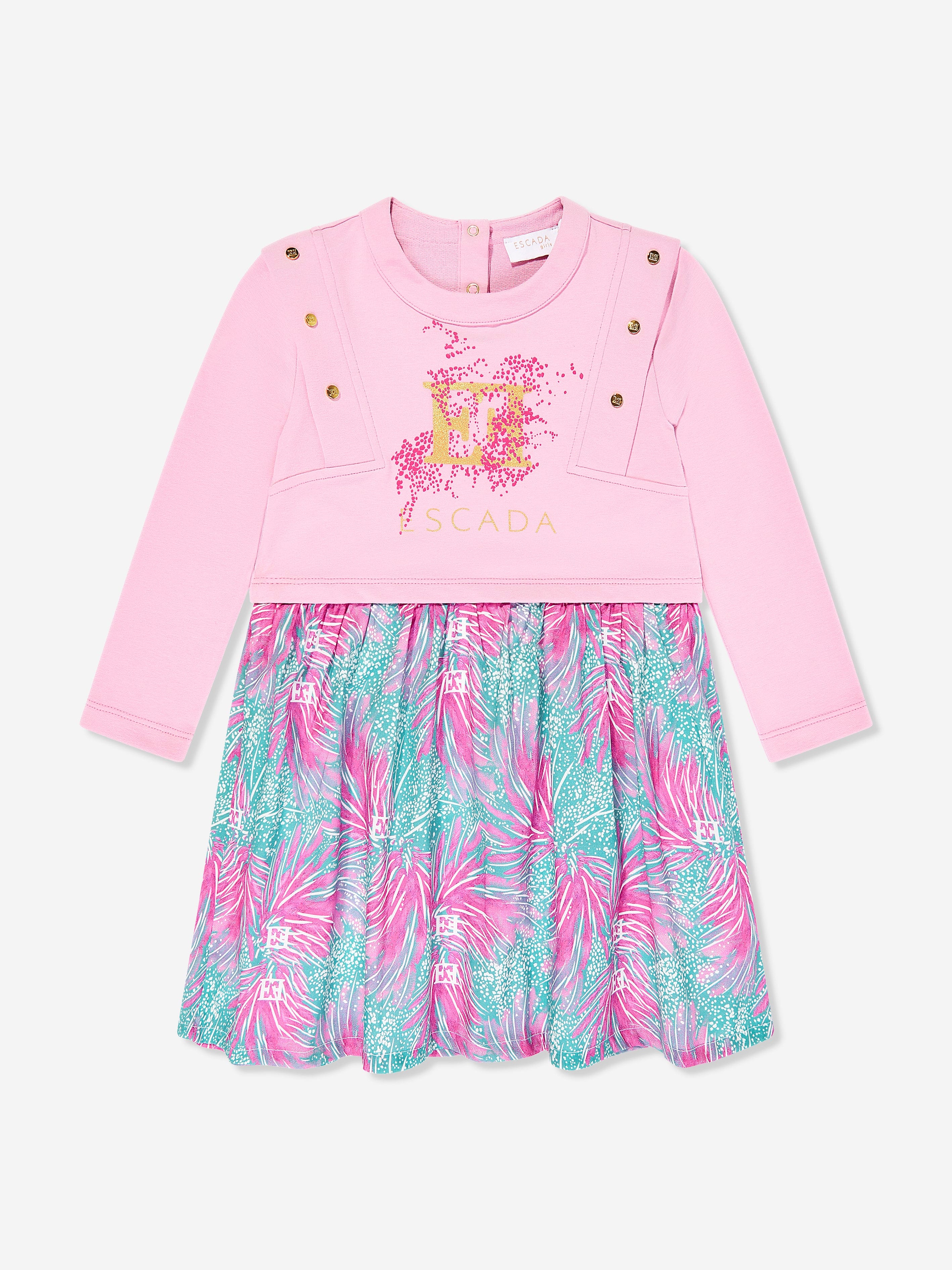 Escada Girls Bi-material Printed Logo Dress in Pink