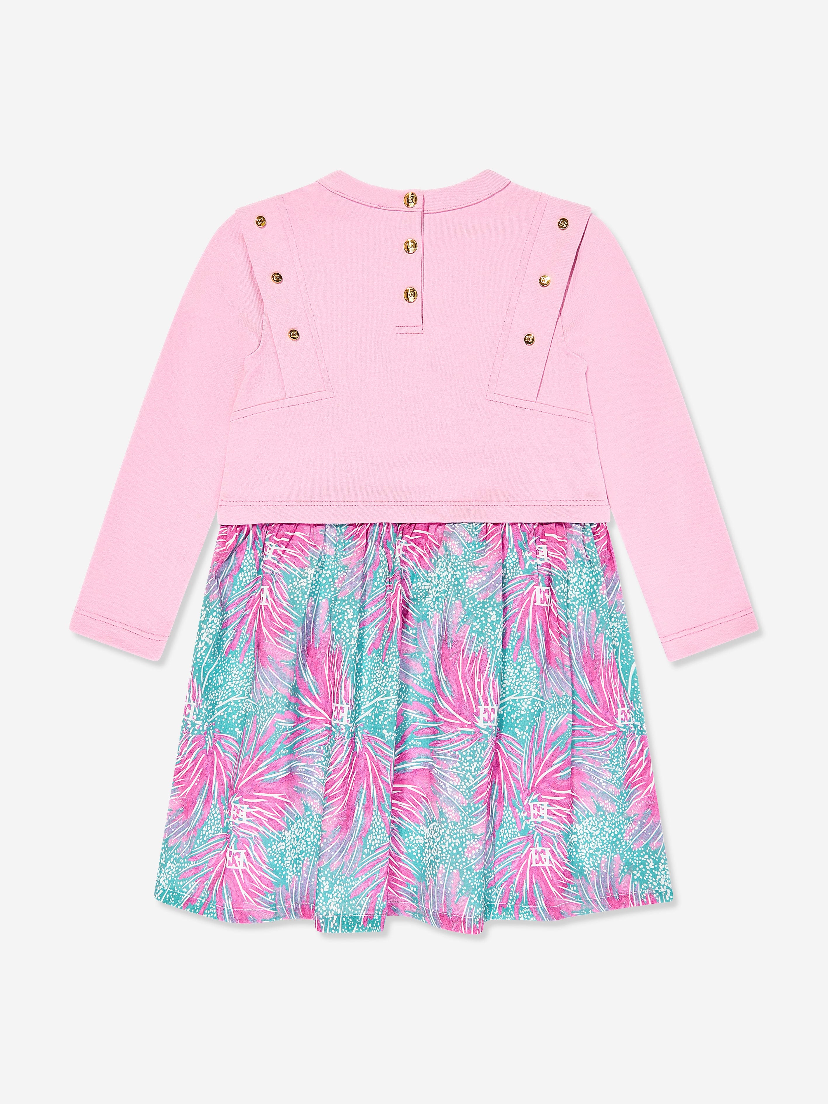 Escada Girls Bi-material Printed Logo Dress in Pink