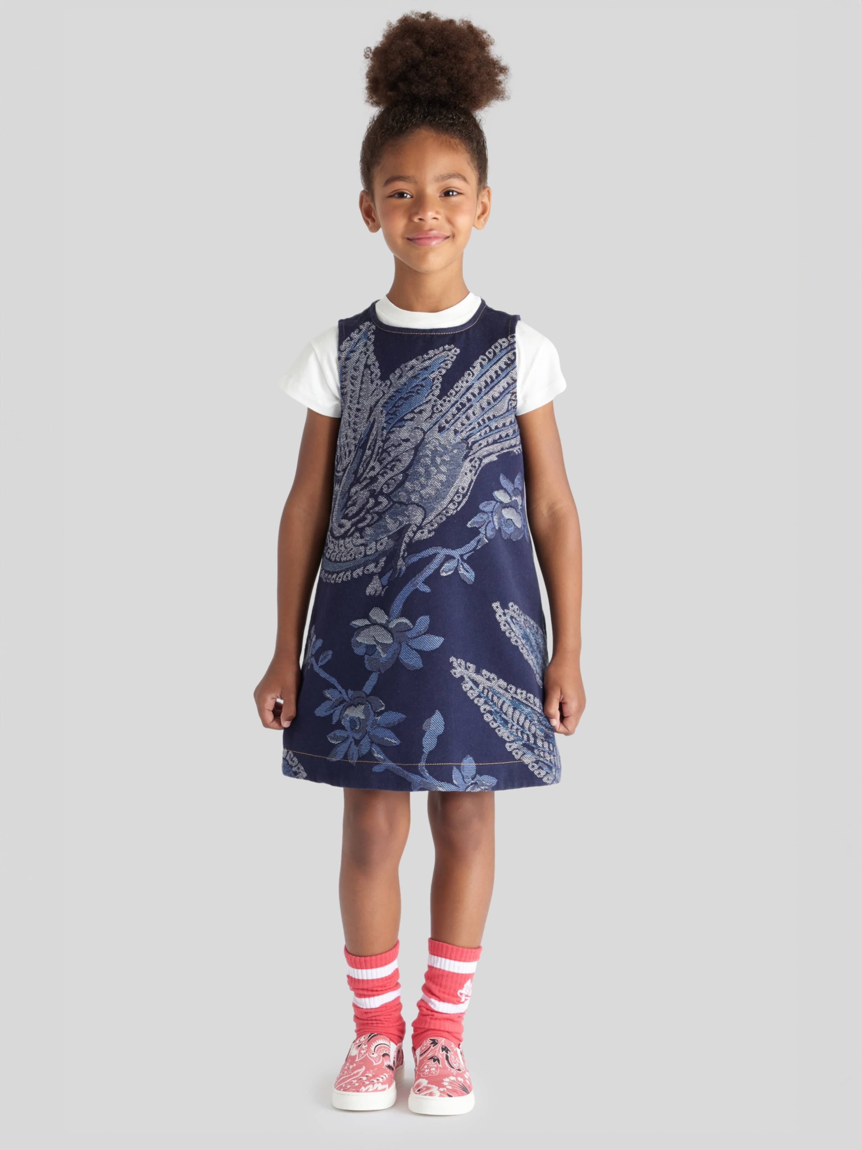 Etro Girls Jacquard Bird And Flower Dress in Navy