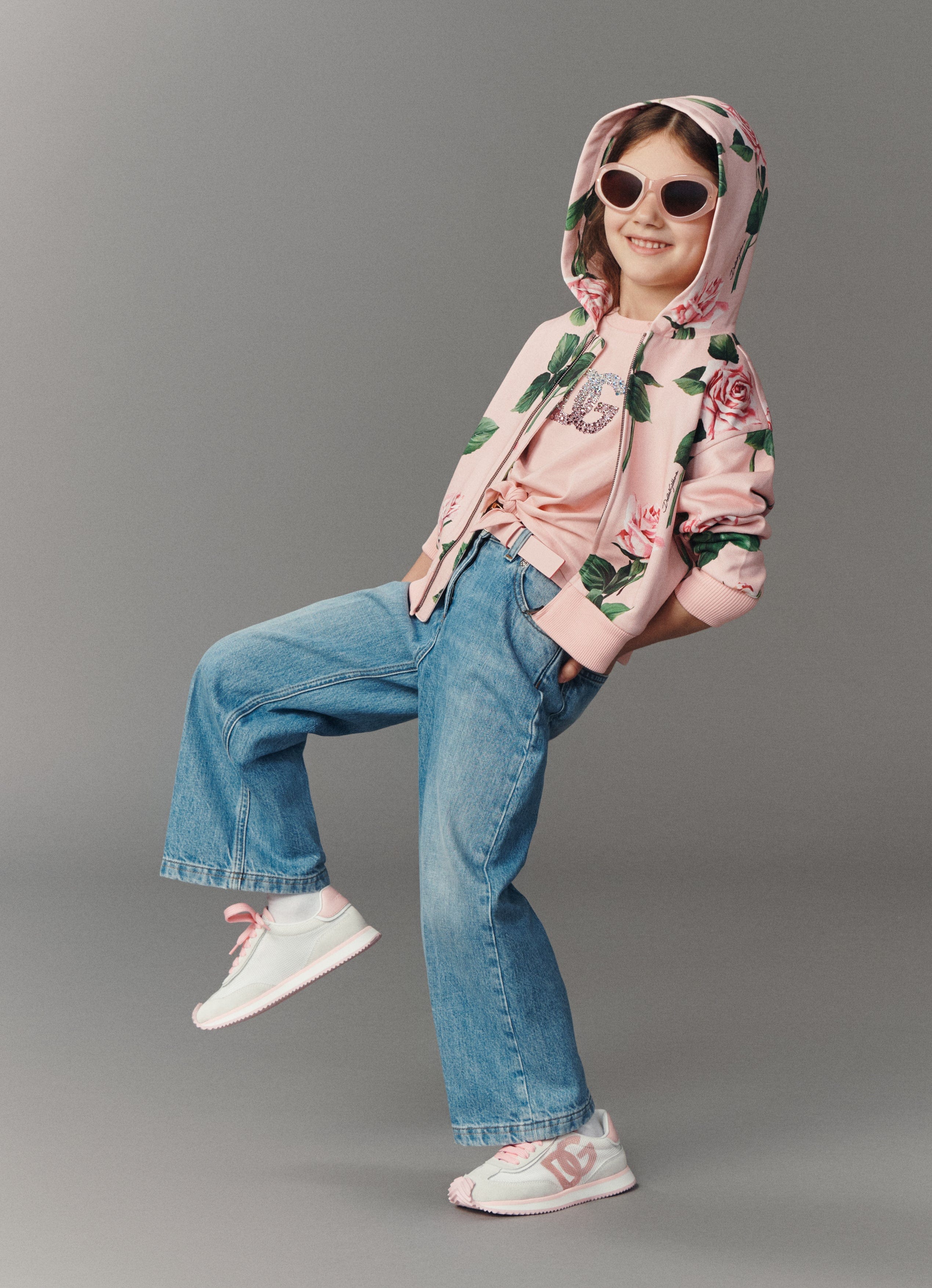 Dolce & Gabbana Girls Rose Print Zip Up Top in Pink