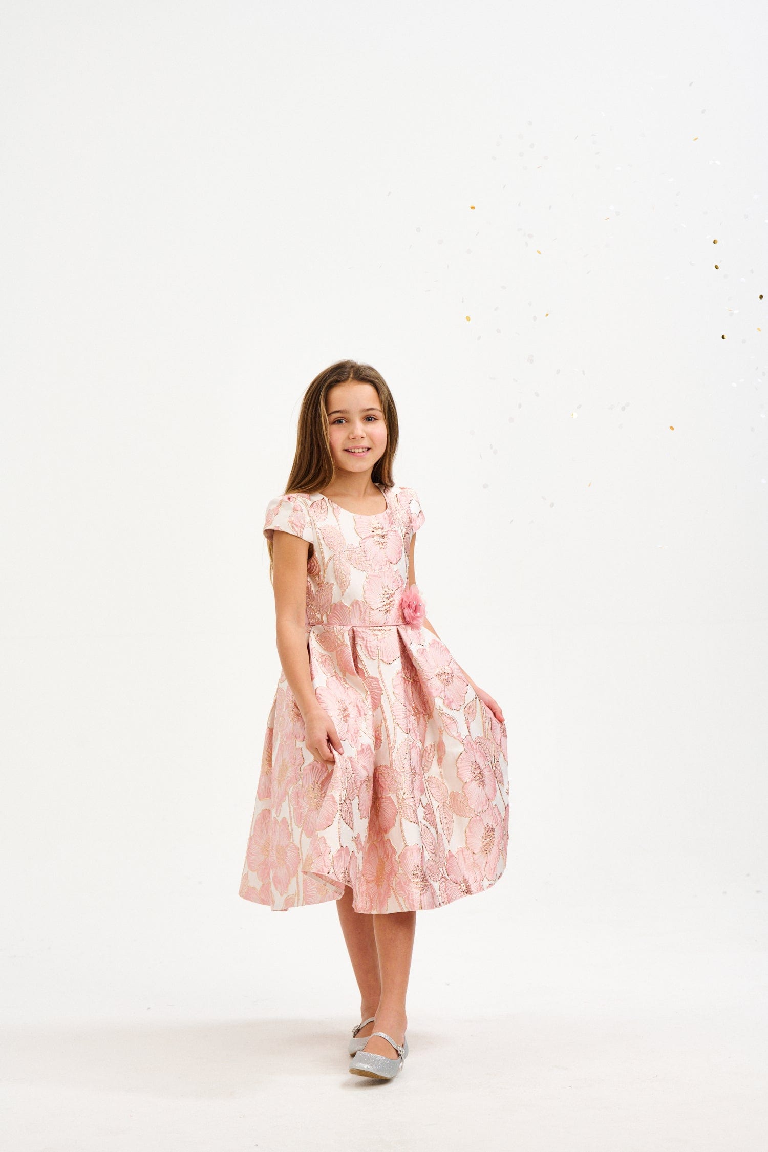 iAMe Girls Flower Brocade Dress in Pink