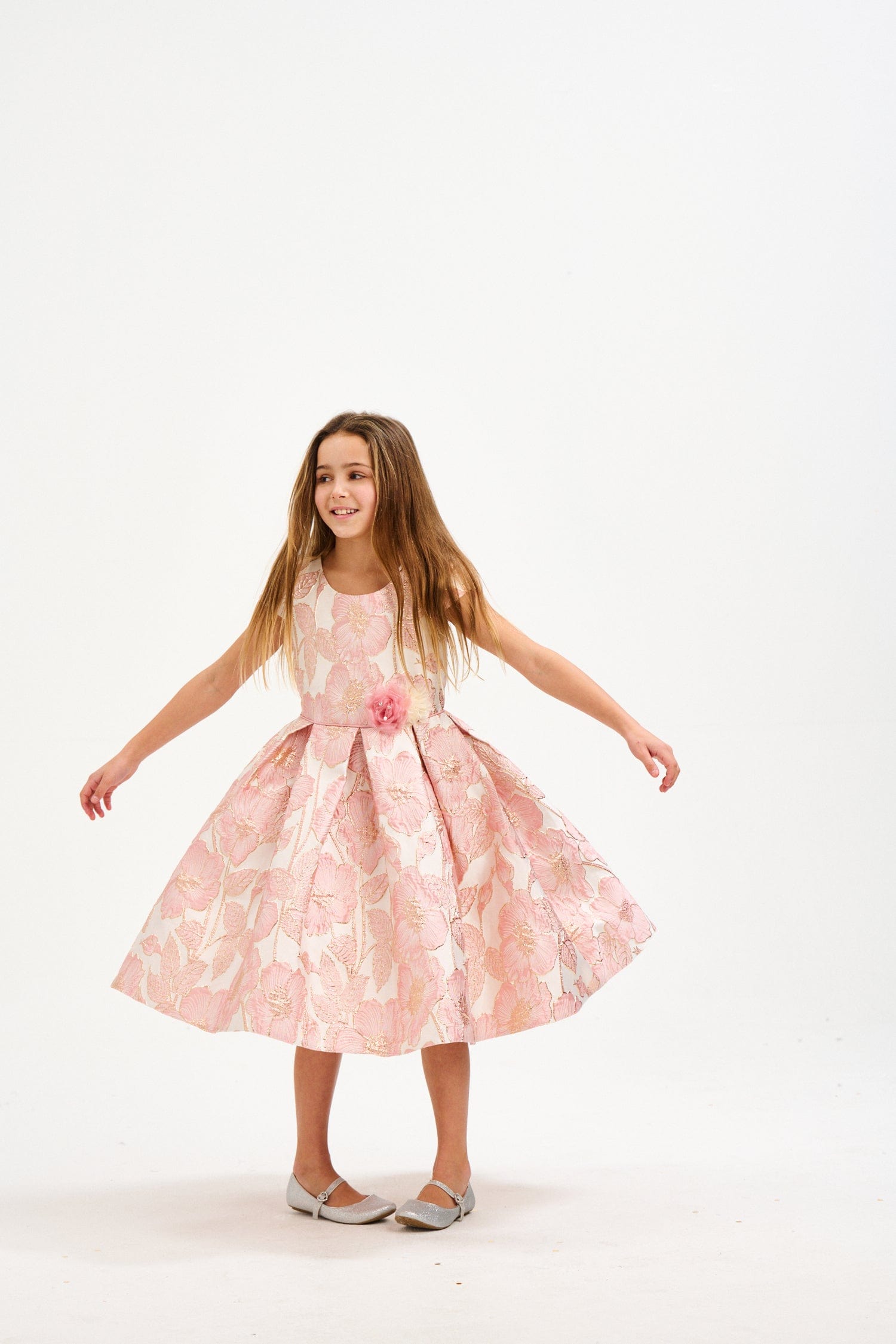 iAMe Girls Flower Brocade Dress in Pink