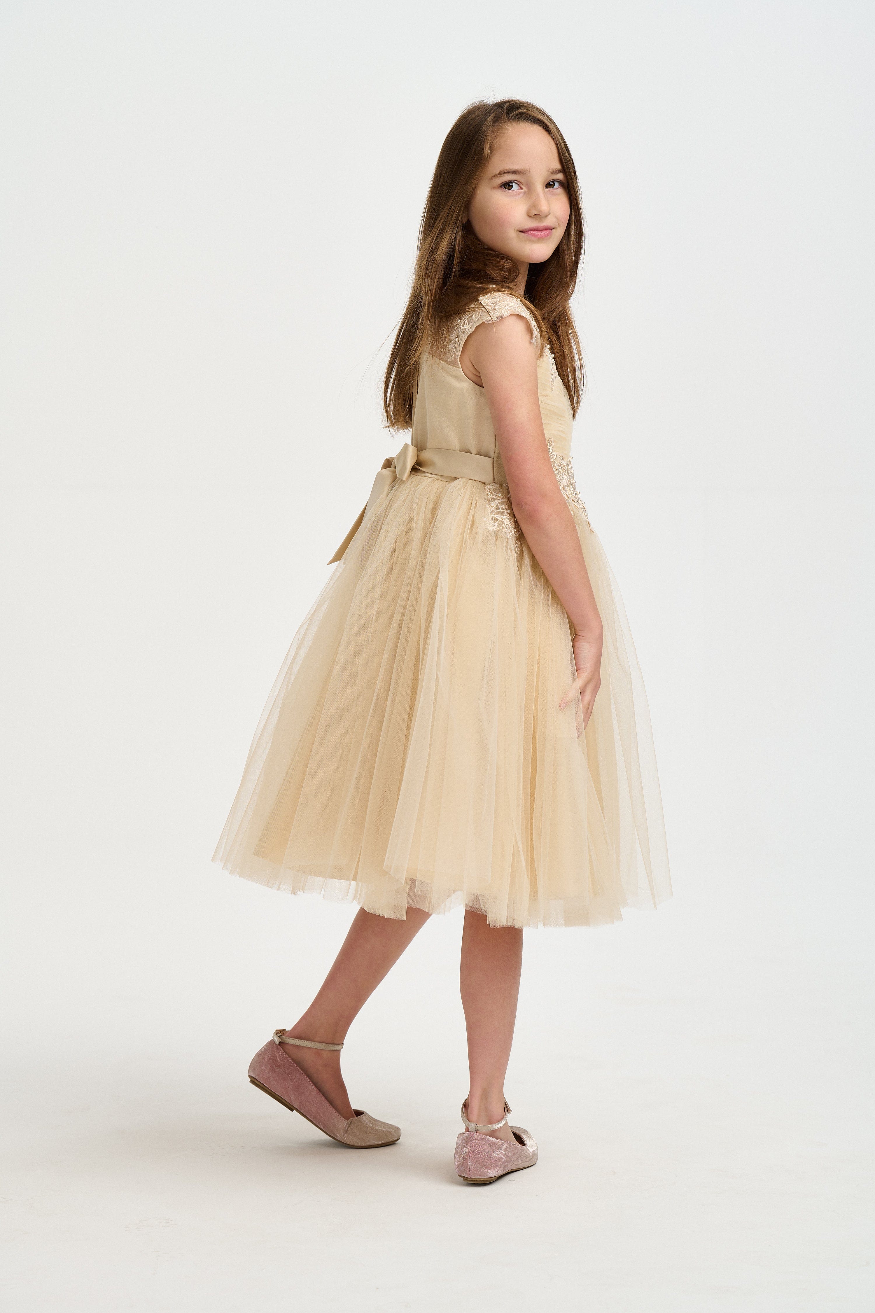 iAMe Girls Tulle Embroidered Dress in Gold