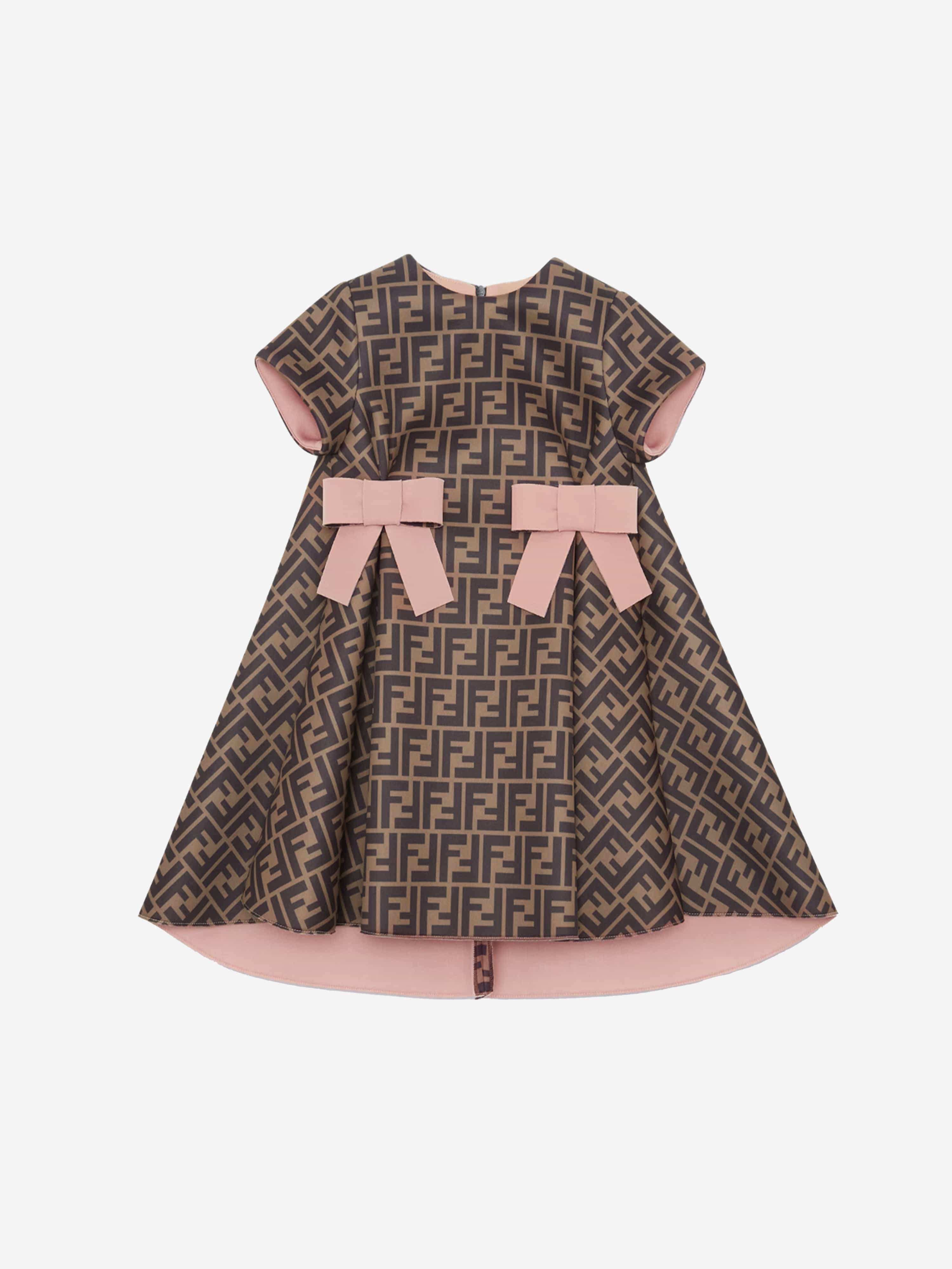 Fendi Girls Neoprene FF Logo Dress in Brown