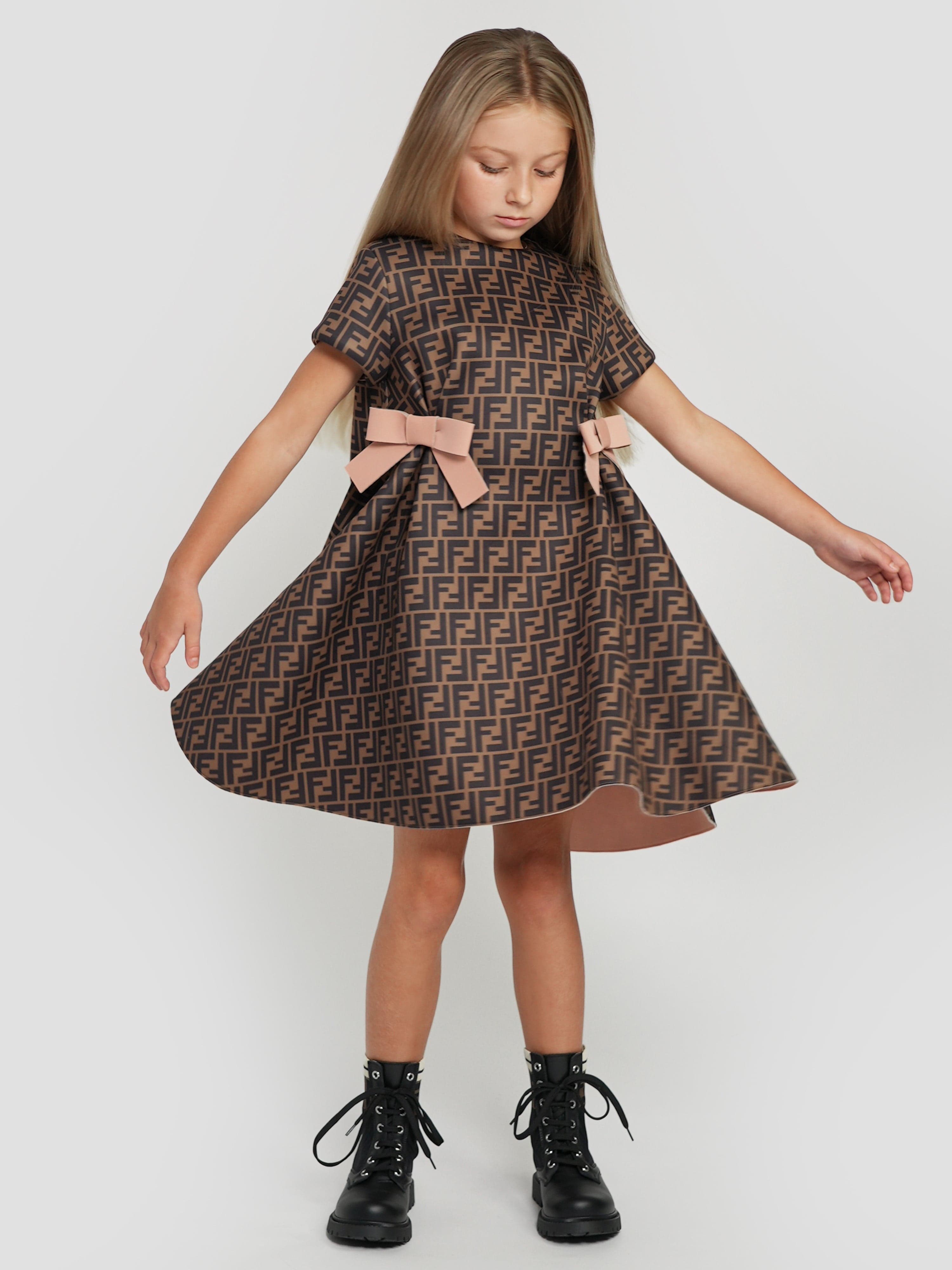 Fendi Girls Neoprene FF Logo Dress in Brown