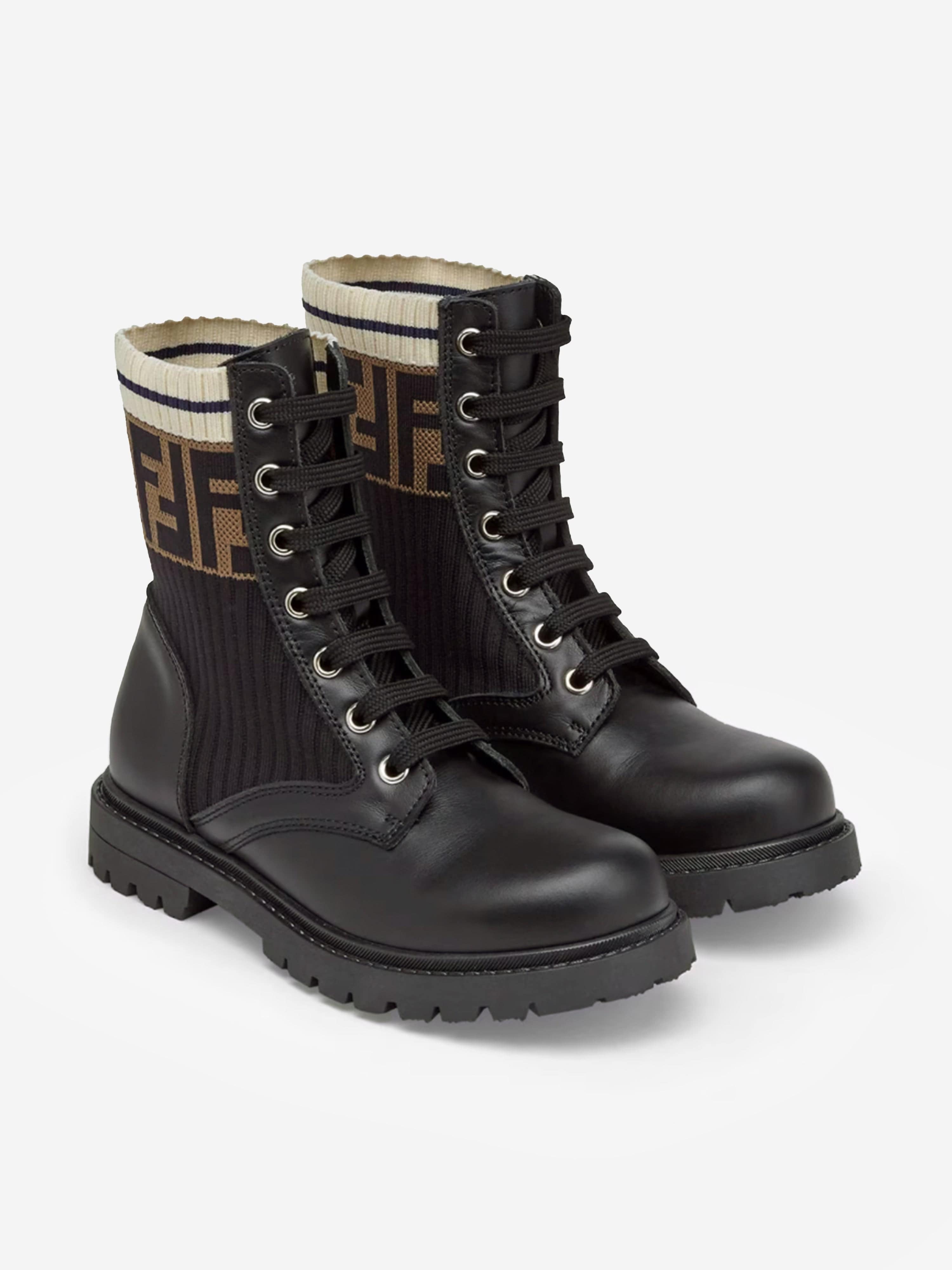 Fendi Kids Leather FF Logo Biker Boots in Black