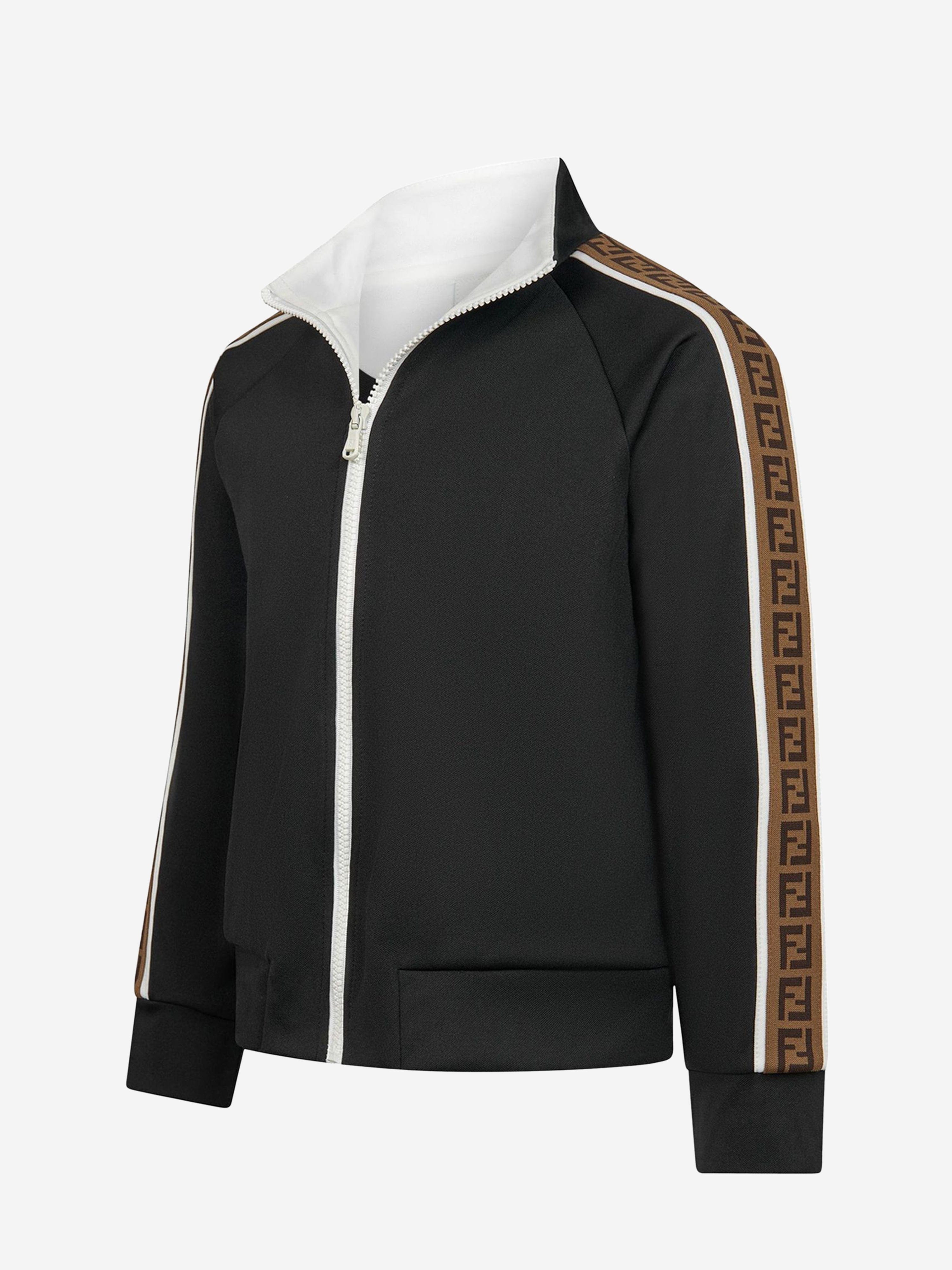 Fendi Boys FF Logo Tape Zip Up Sweat Top in Black