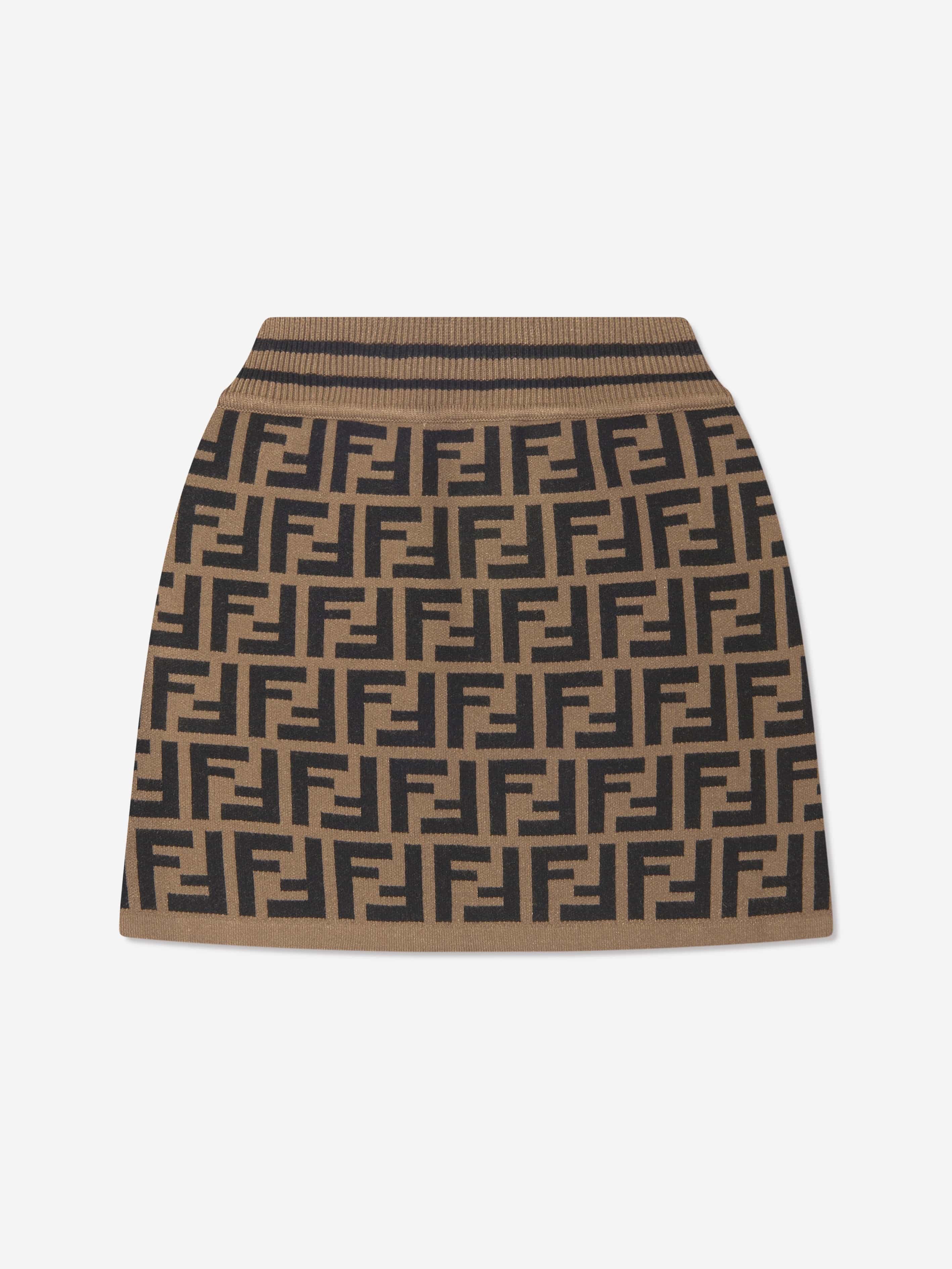 Fendi Girls FF Logo Knitted Skirt in Brown