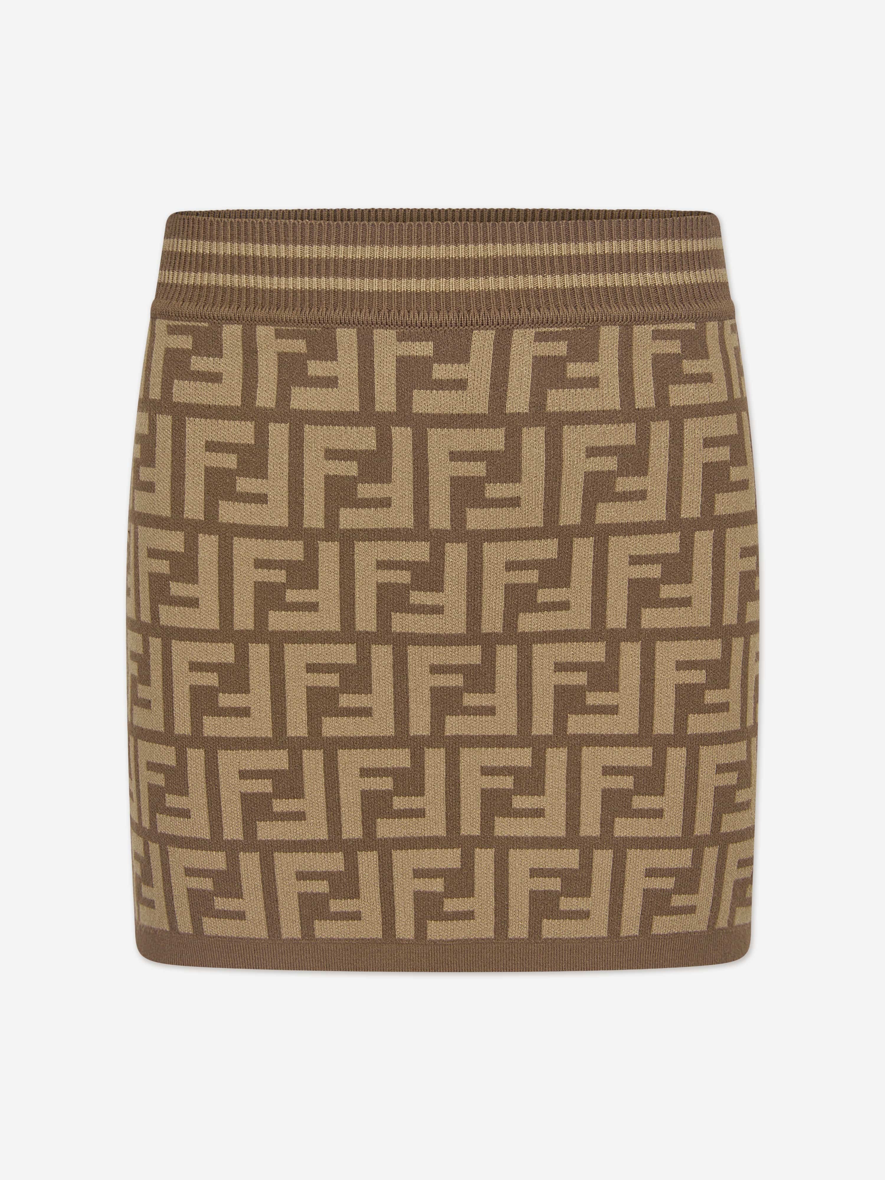 Fendi Girls FF Logo Knitted Skirt in Brown