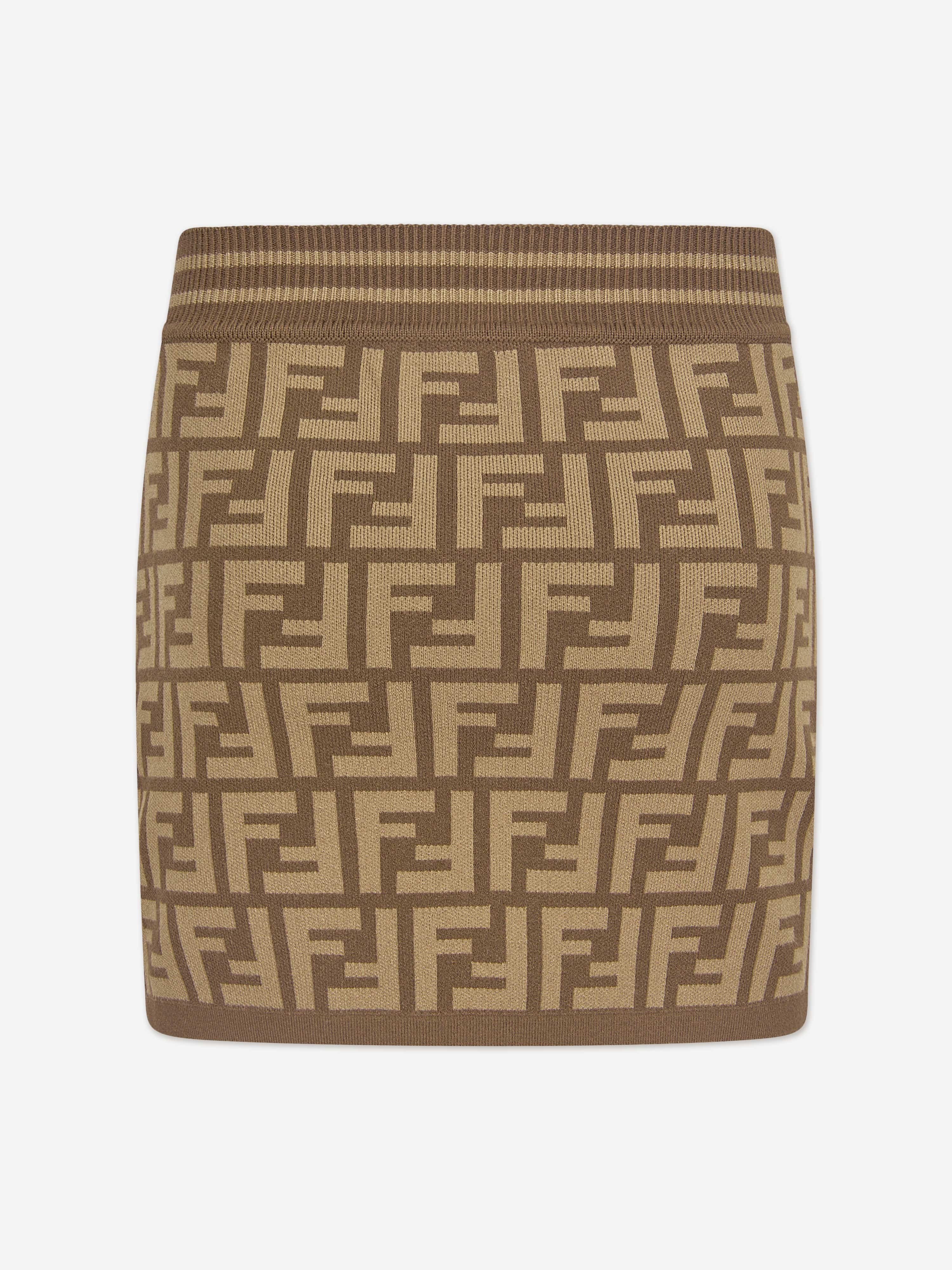 Fendi Girls FF Logo Knitted Skirt in Brown