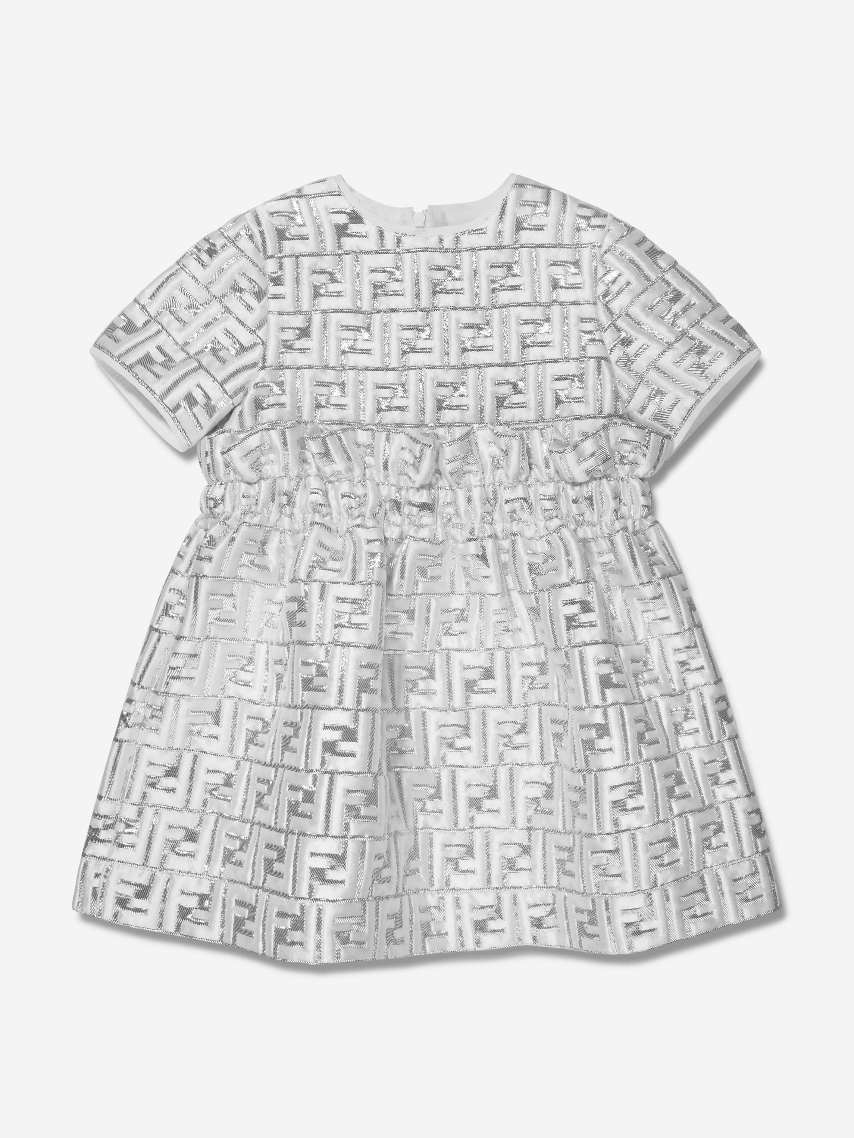 Fendi Girls Metallic Logo Brocade Dress in Silver