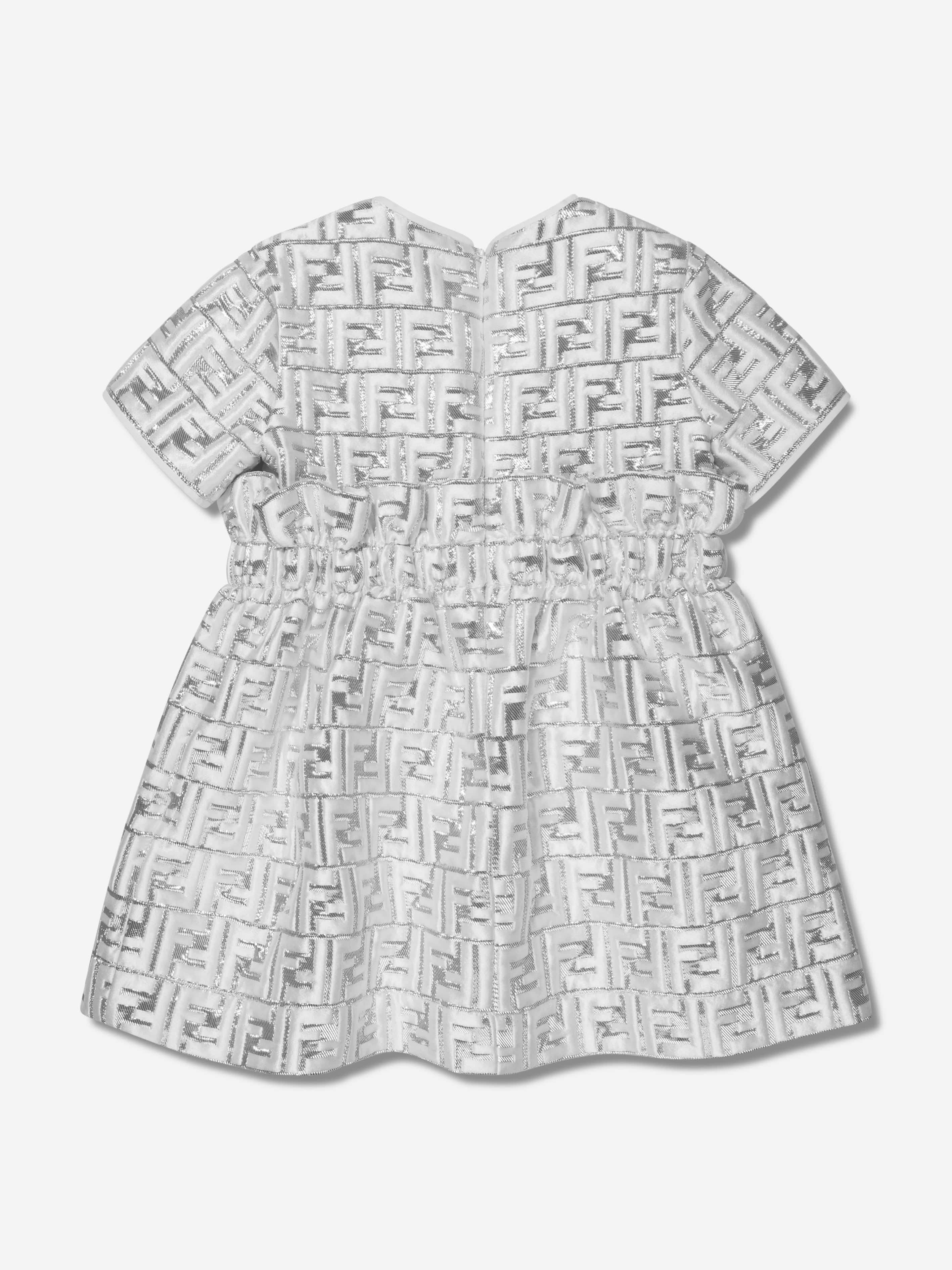 Fendi Girls Metallic Logo Brocade Dress in Silver