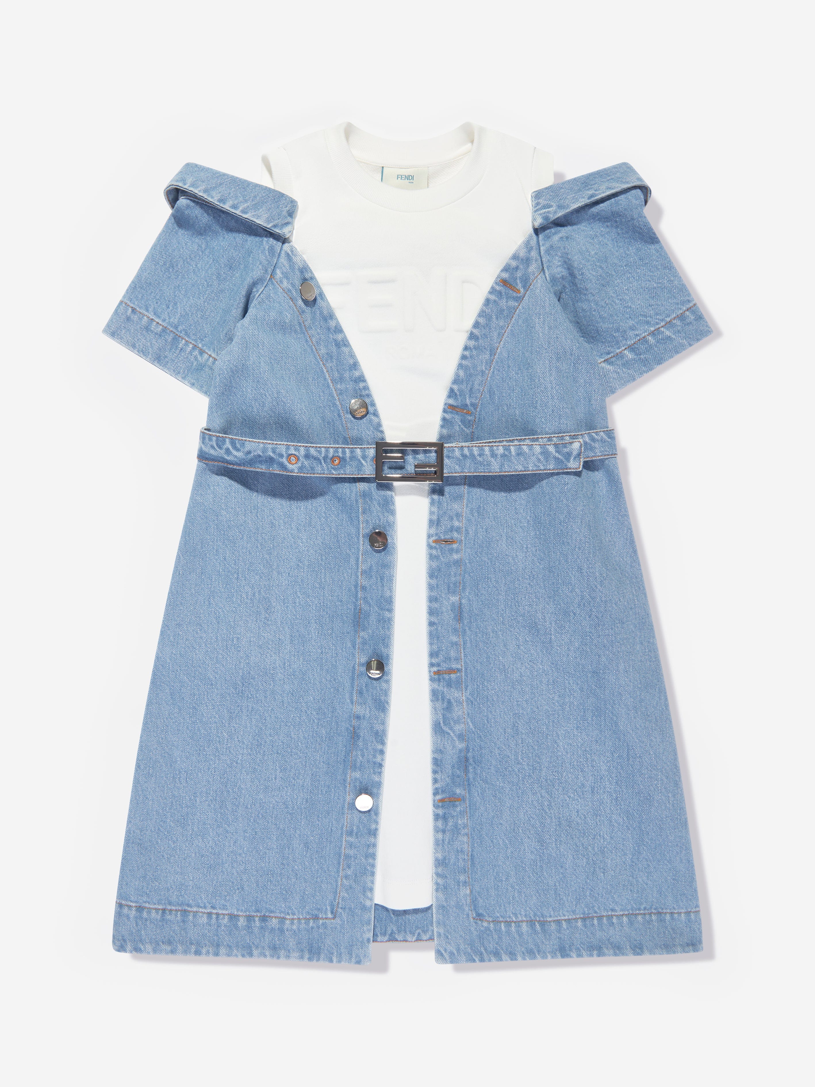 Fendi Girls Double Fabric Denim Dress in Blue