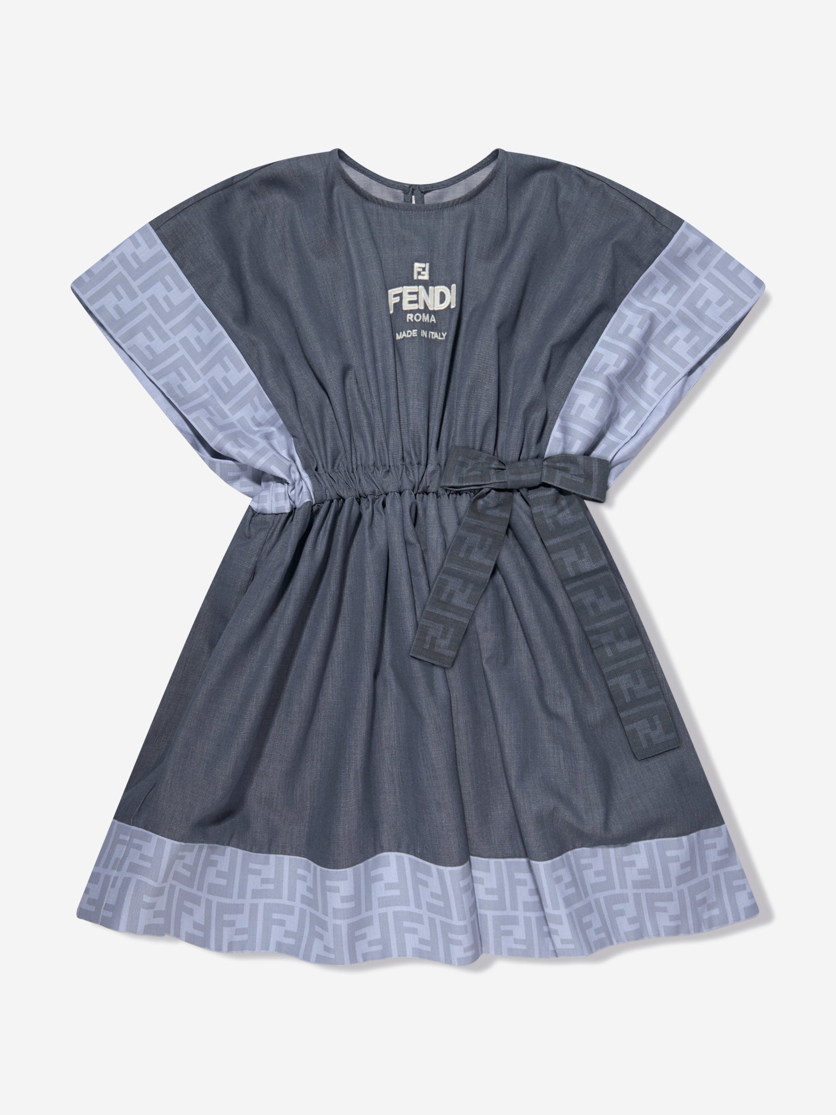 Fendi Girls Chambray FF Logo Dress in Blue