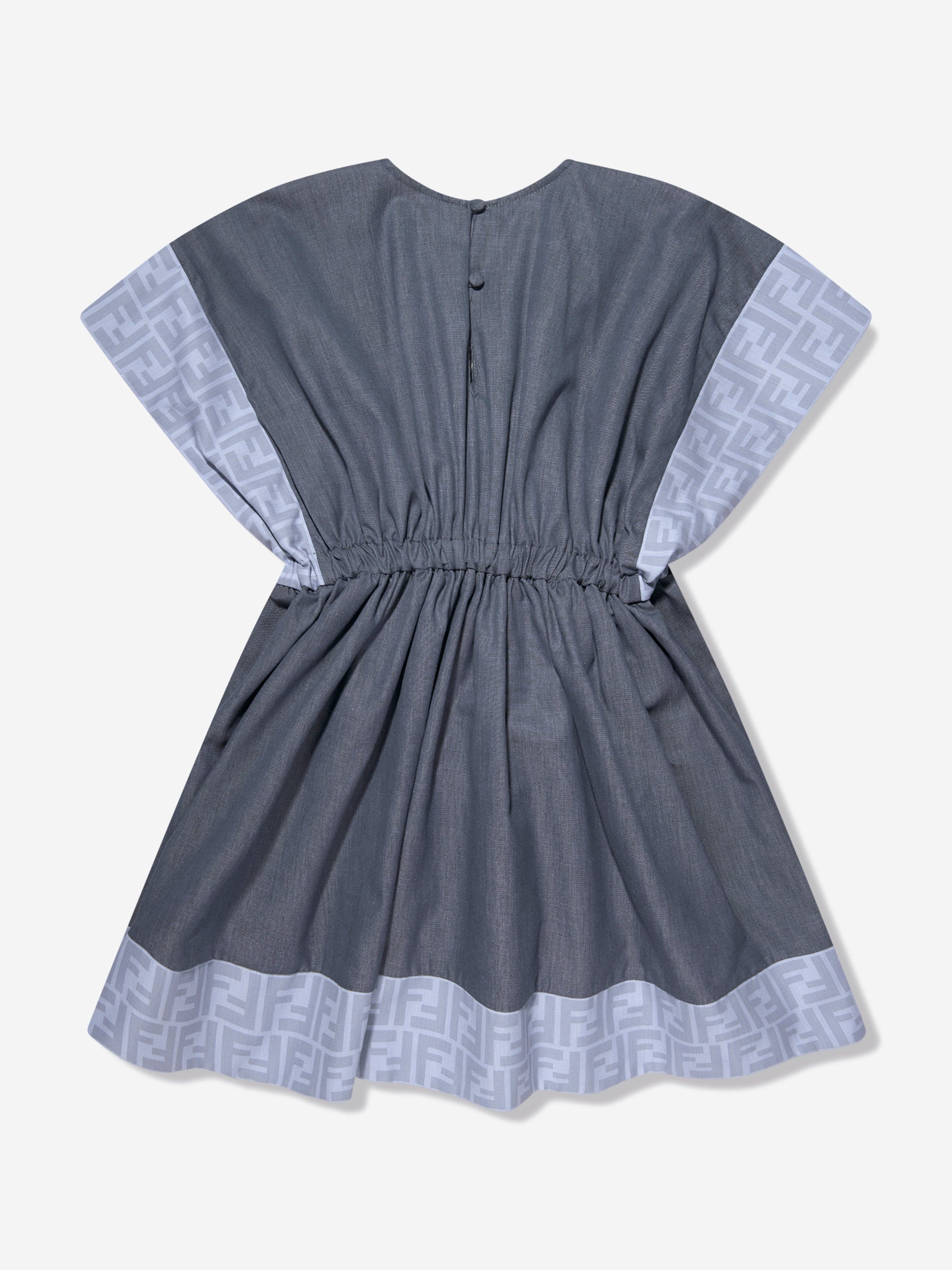 Fendi Girls Chambray FF Logo Dress in Blue