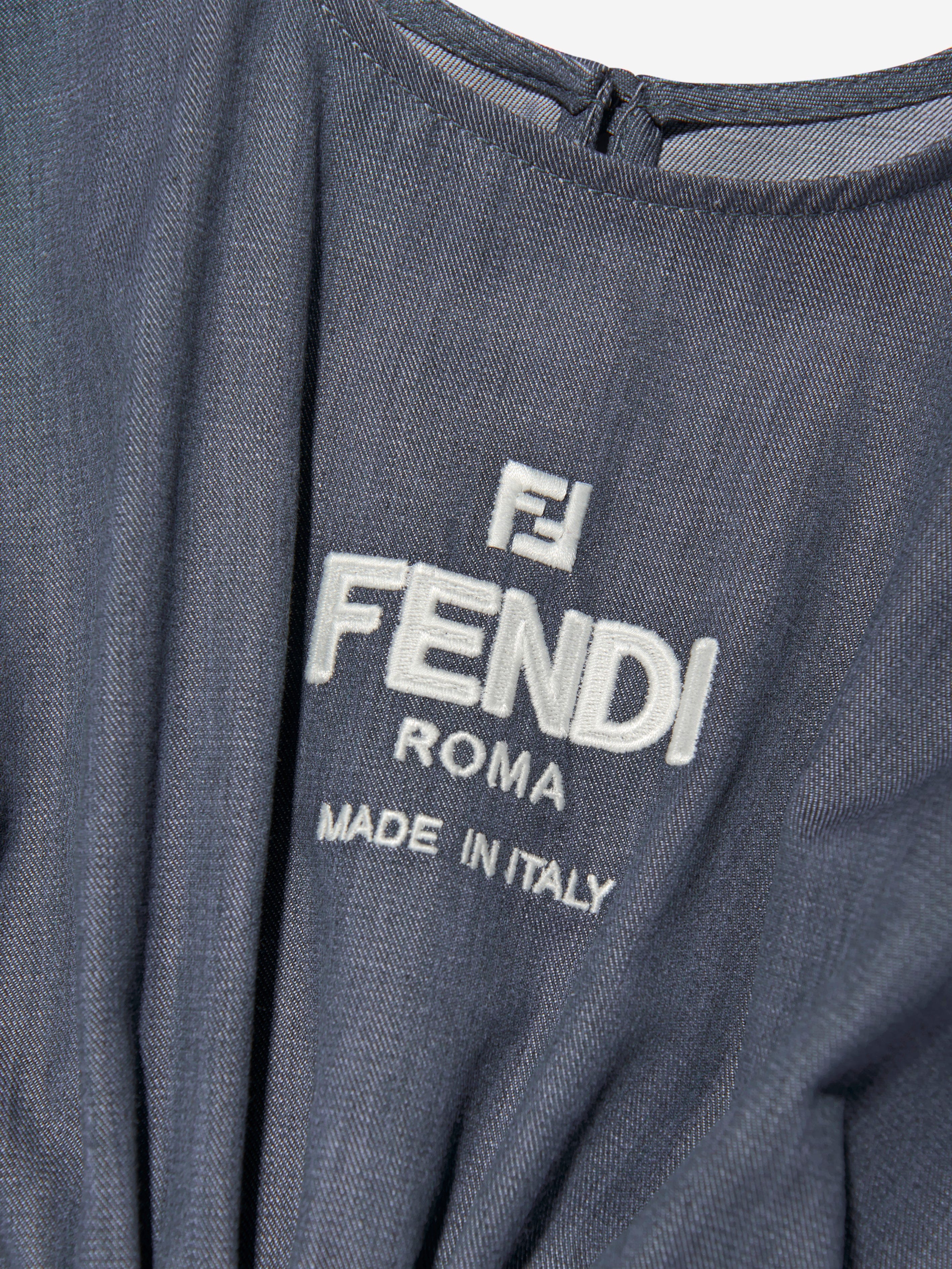 Fendi Girls Chambray FF Logo Dress in Blue