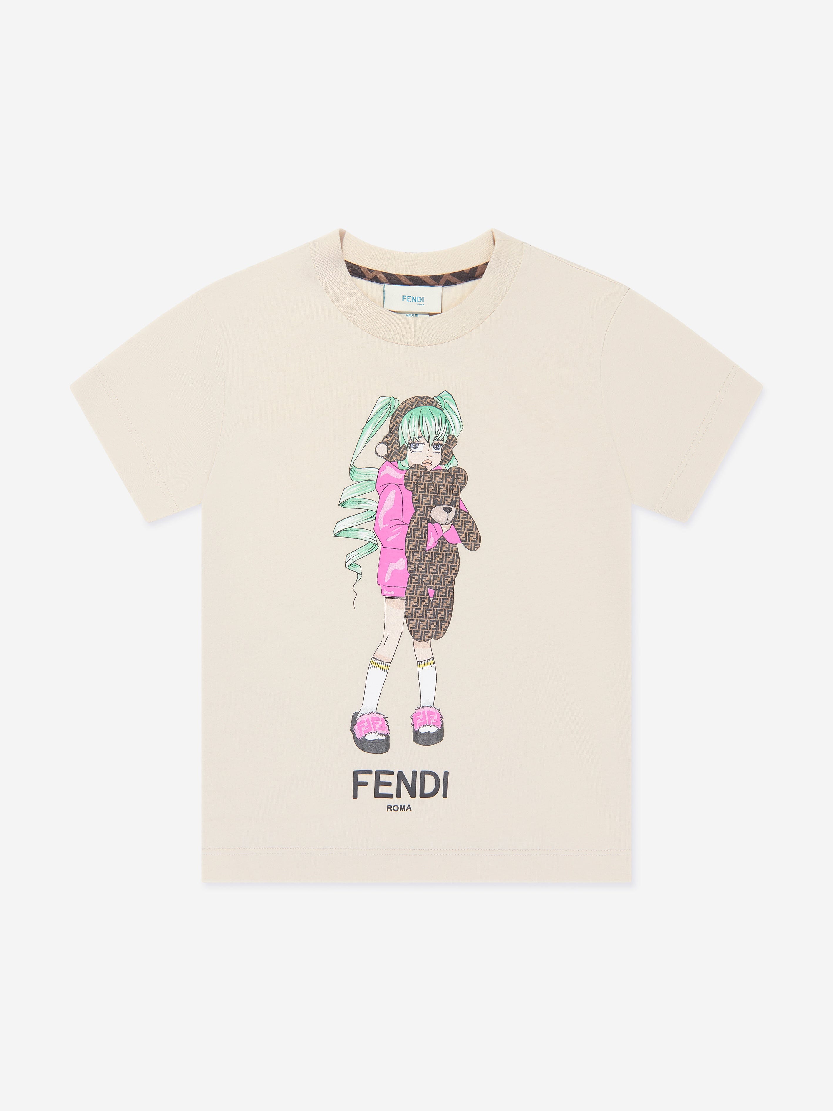 Fendi Girls Graphic Print T-Shirt in Beige