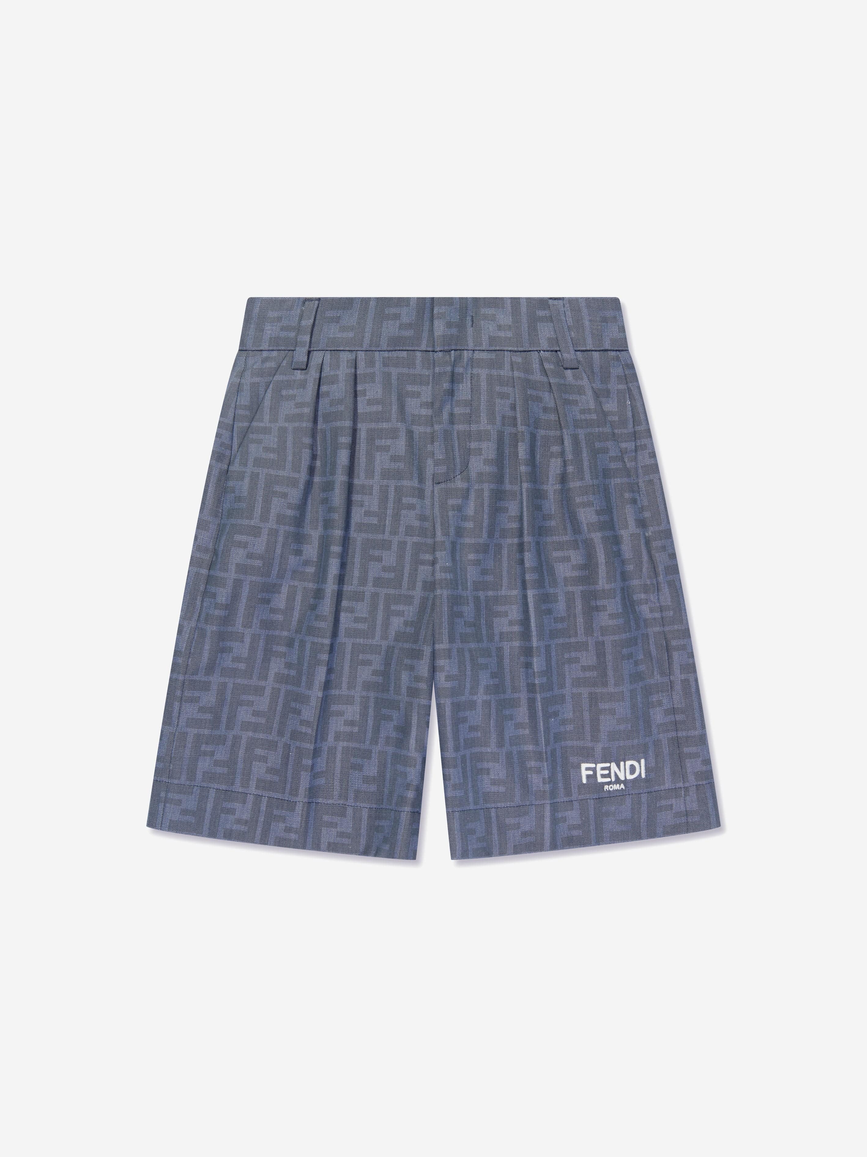 Fendi Boys Chambray FF Logo Shorts in Blue