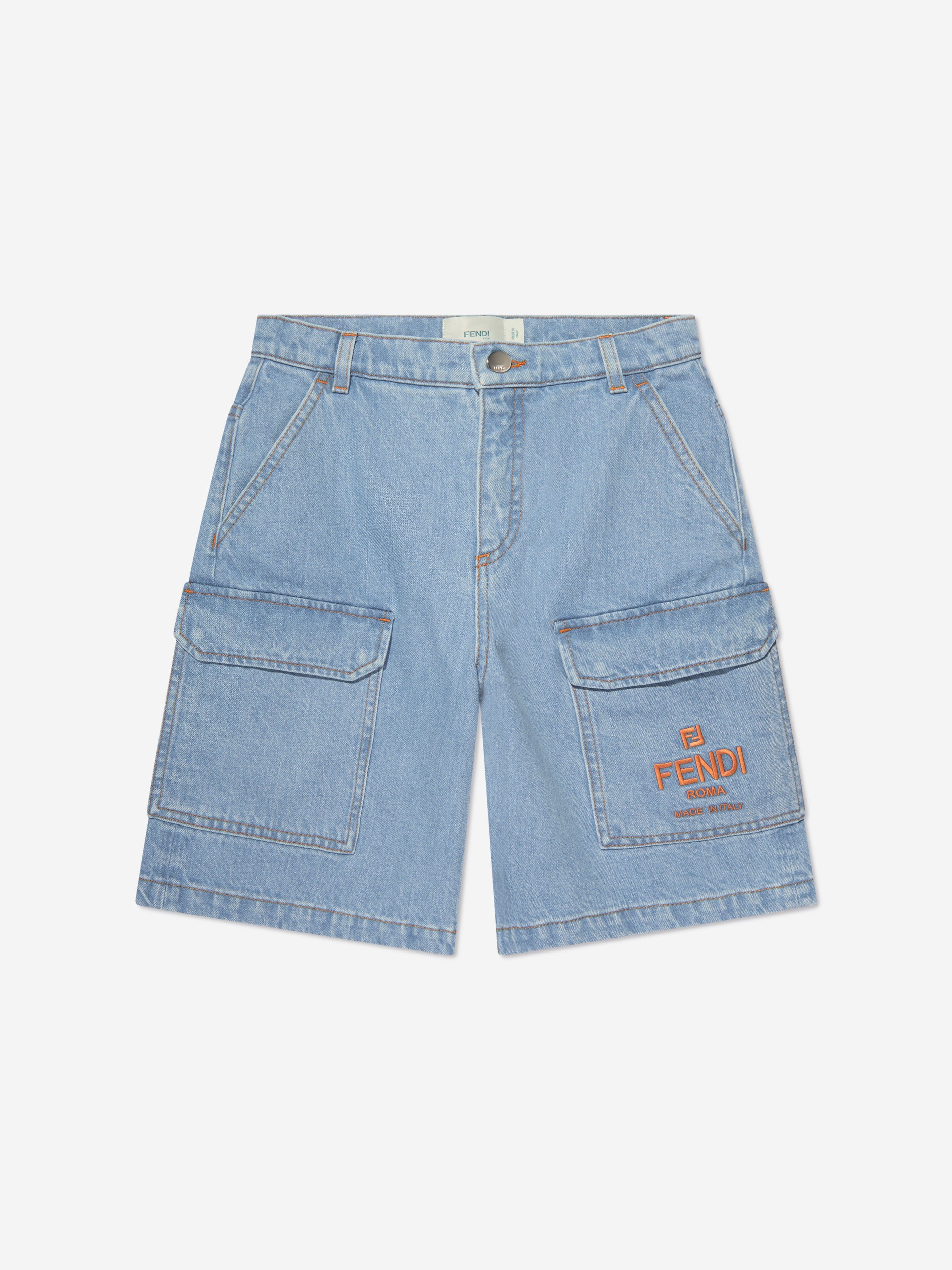 Fendi Boys Big Pocket Logo Denim Shorts in Blue