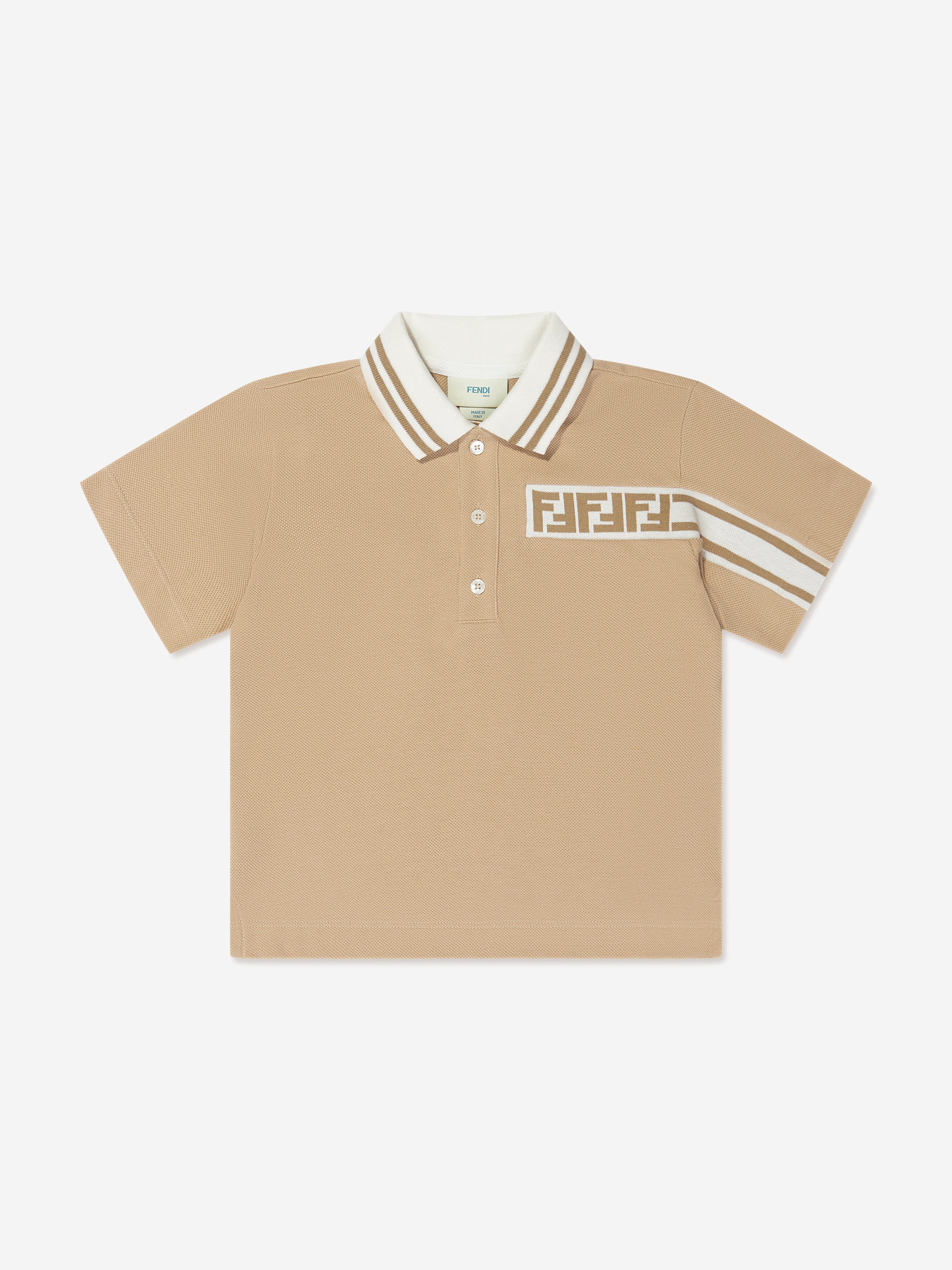 Fendi Boys FF Logo Polo Shirt in Beige