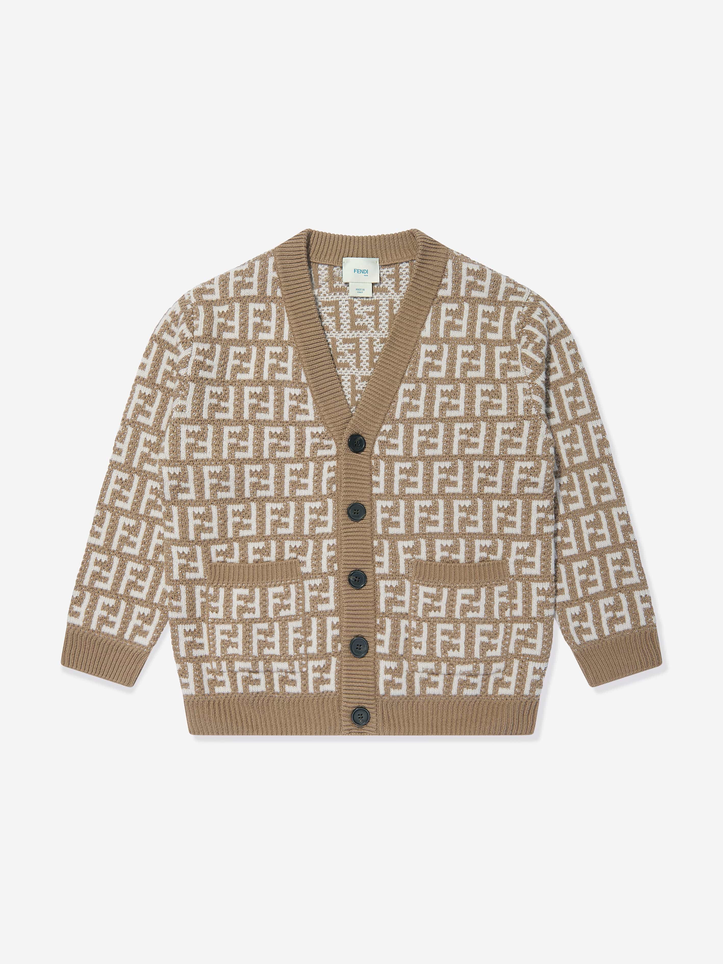 Fendi Kids Knitted FF Logo Cardigan in Beige