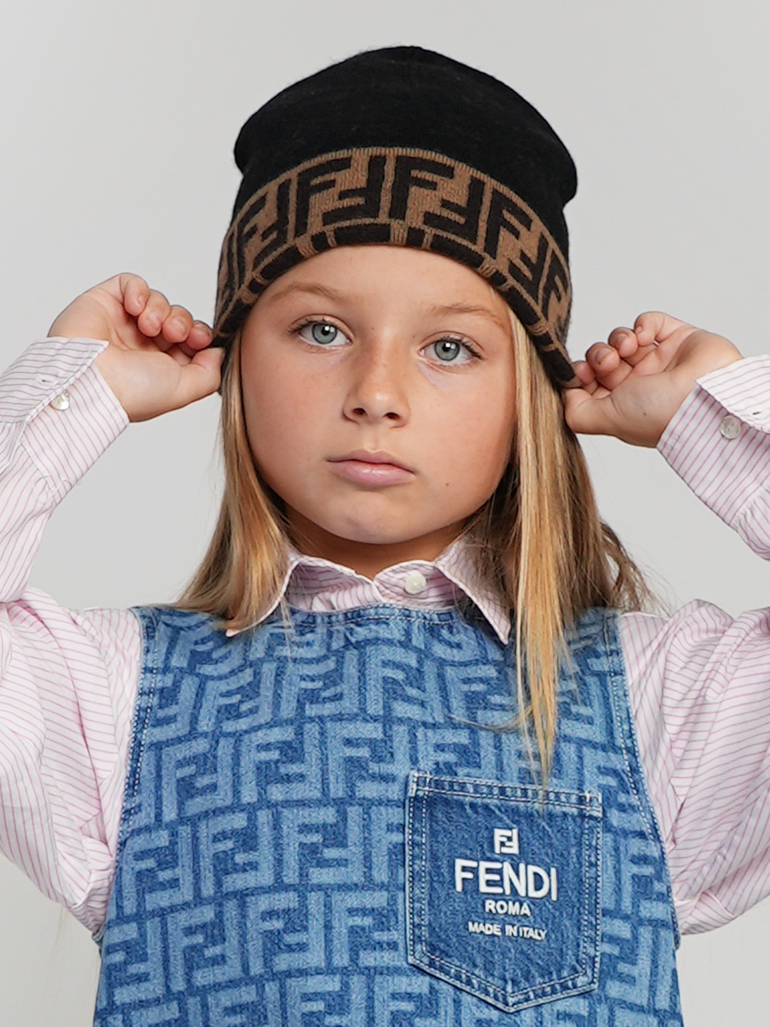 Fendi Kids FF Logo Reversible Beanie in Brown