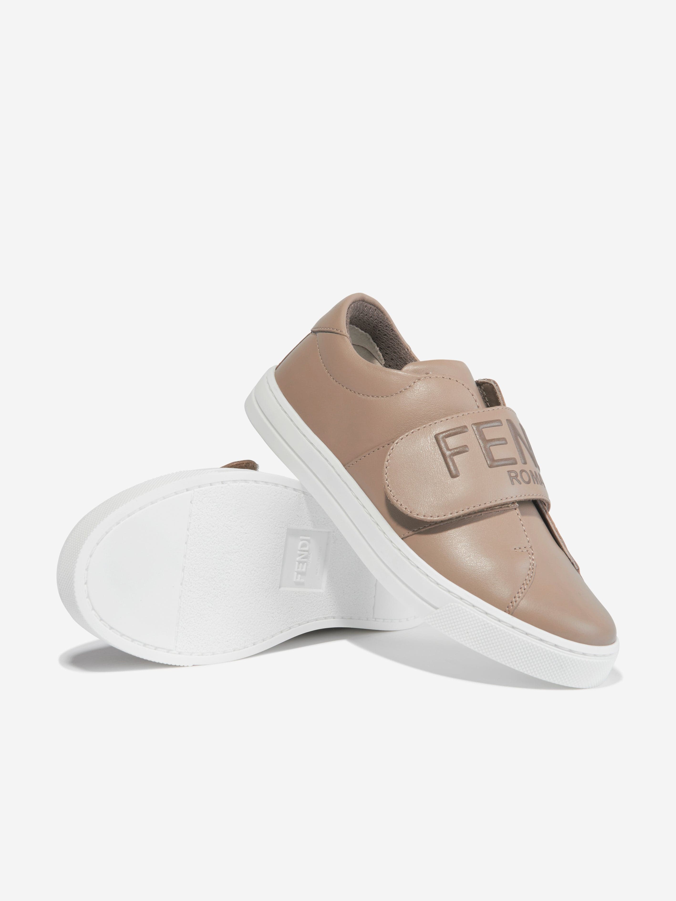 Fendi Kids Leather Logo Trainers in Beige