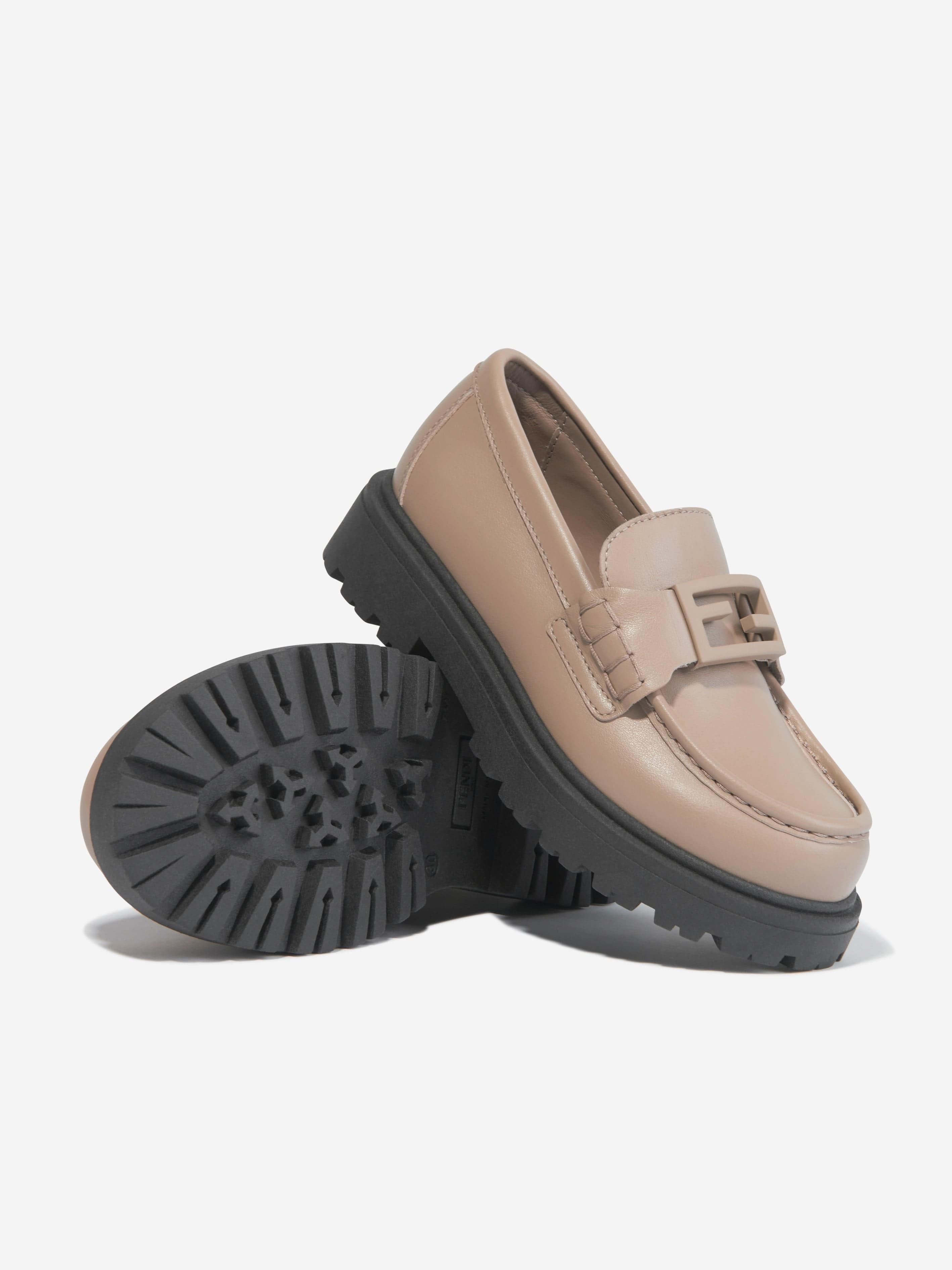 Fendi Kids Leather Logo Loafers in Beige