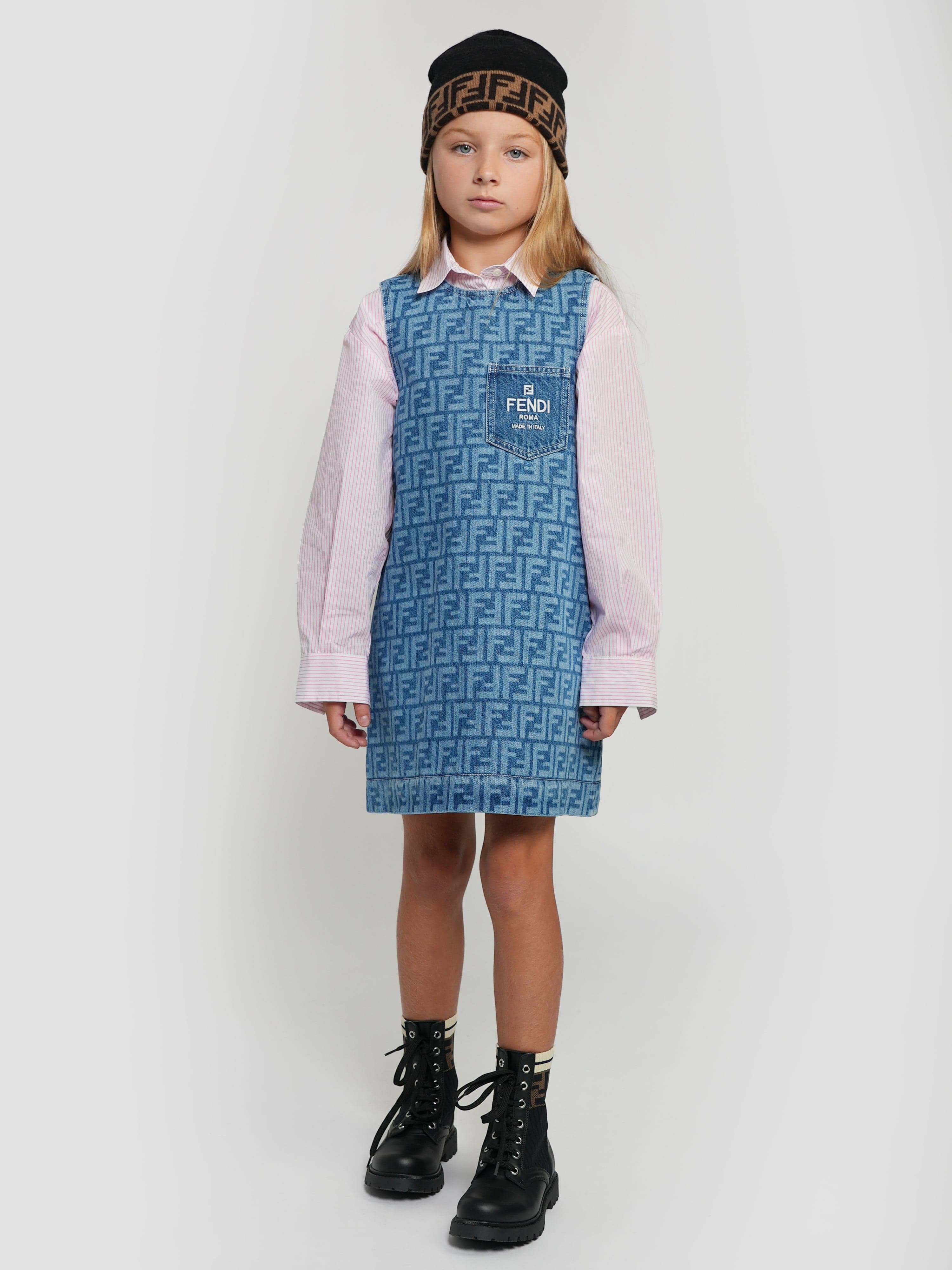 Girls Denim Logo Dress in Blue