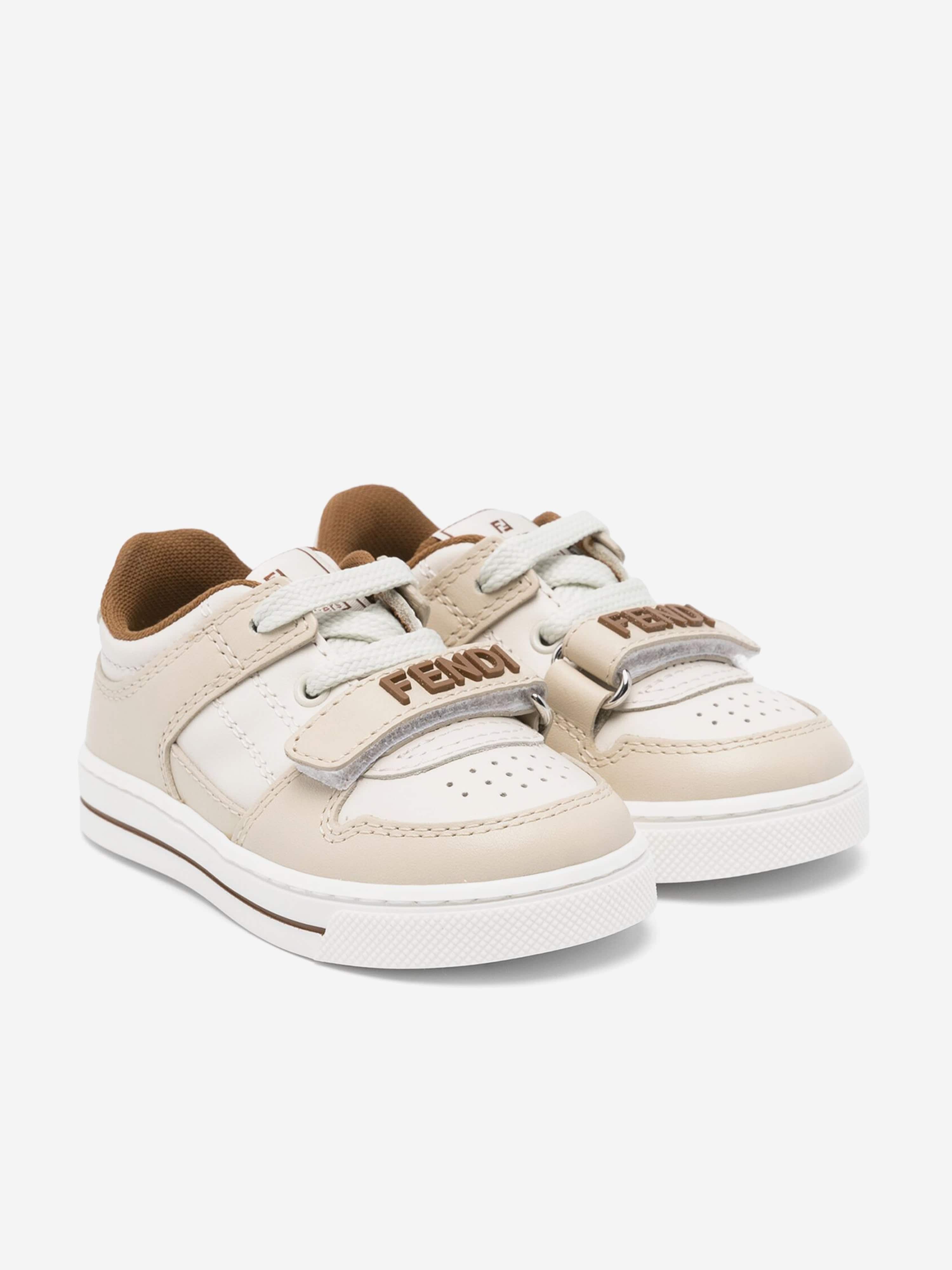 Fendi Kids Leather Logo Trainers in Beige