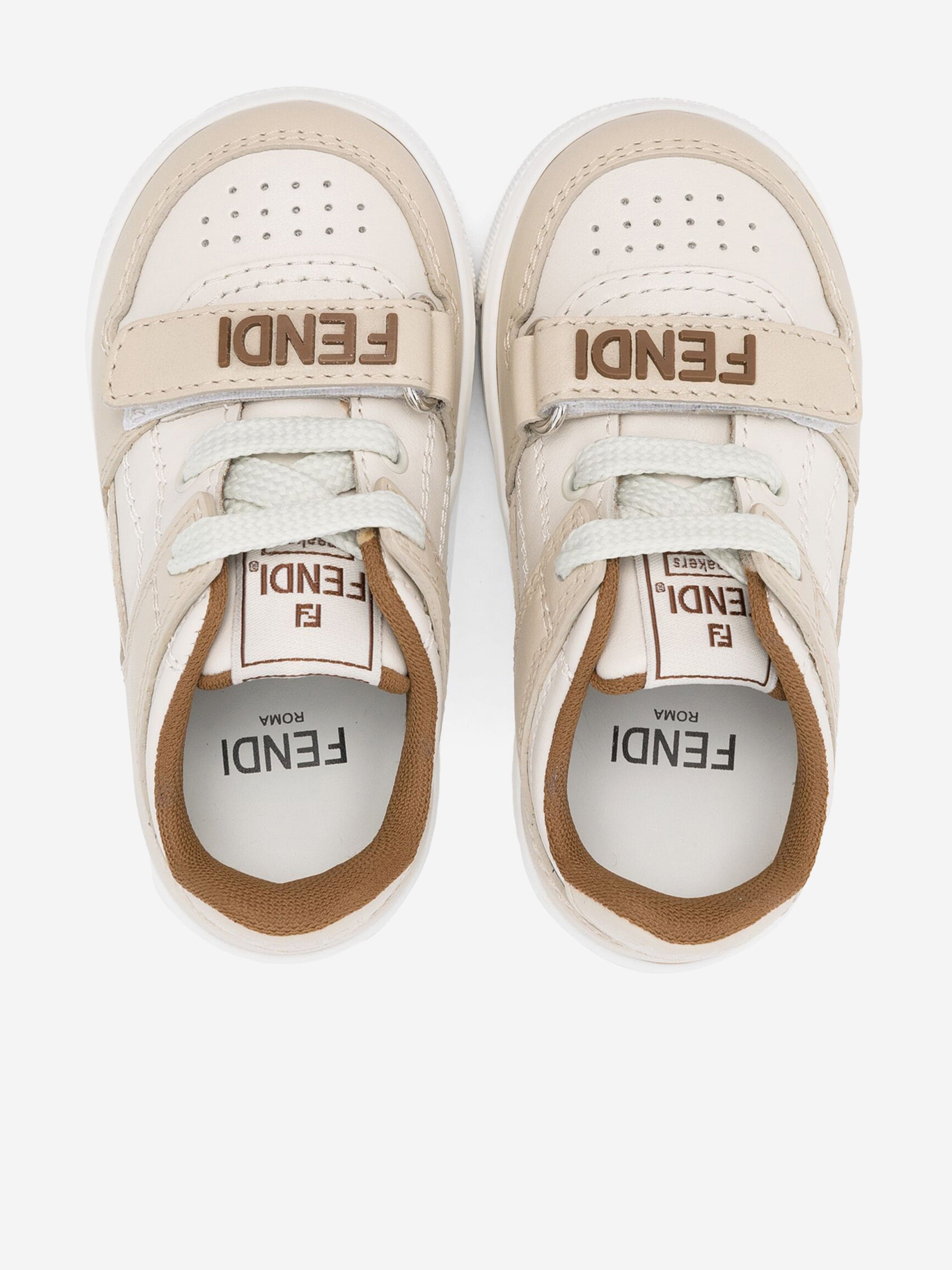 Fendi Kids Leather Logo Trainers in Beige