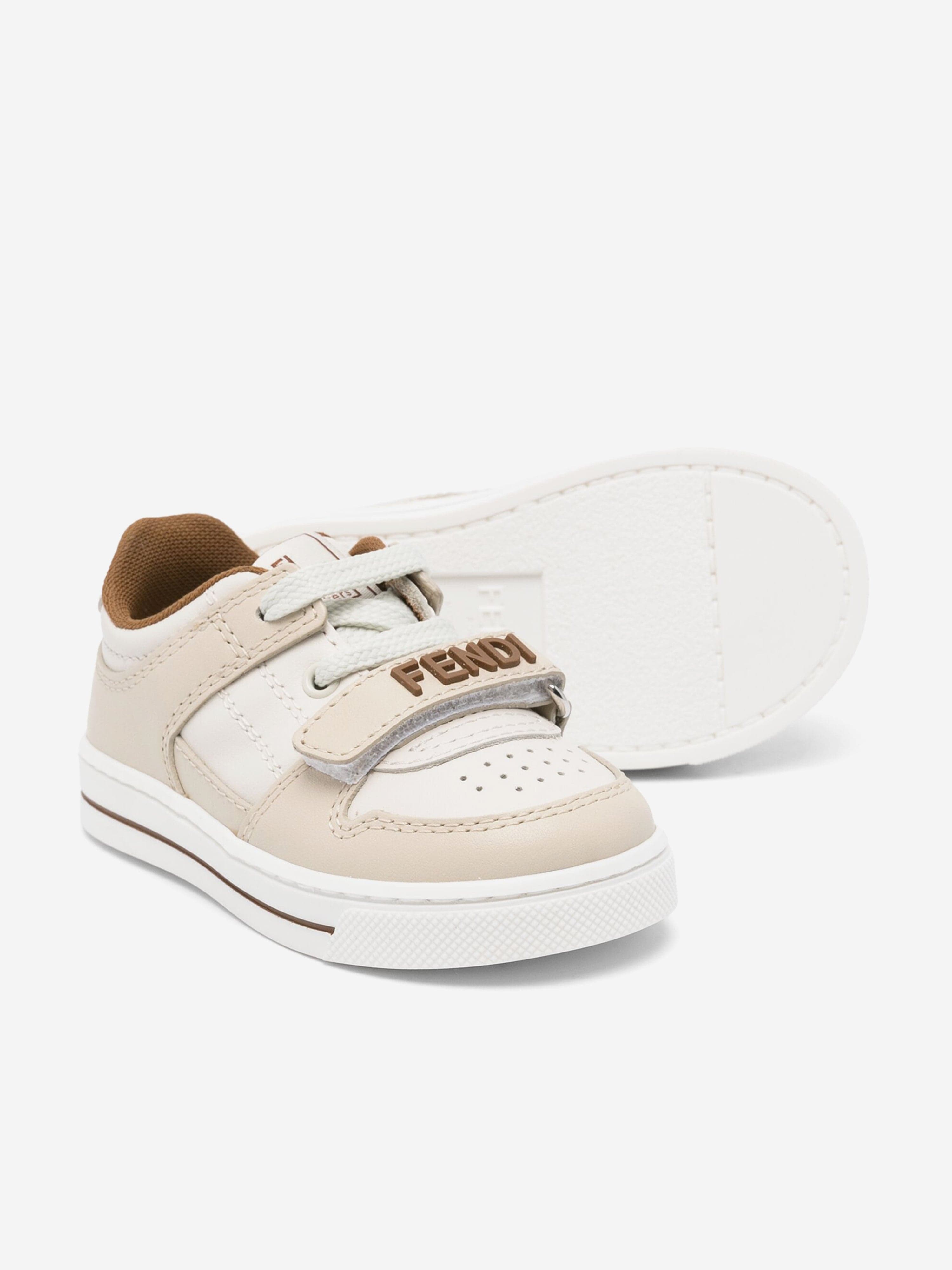 Fendi Kids Leather Logo Trainers in Beige