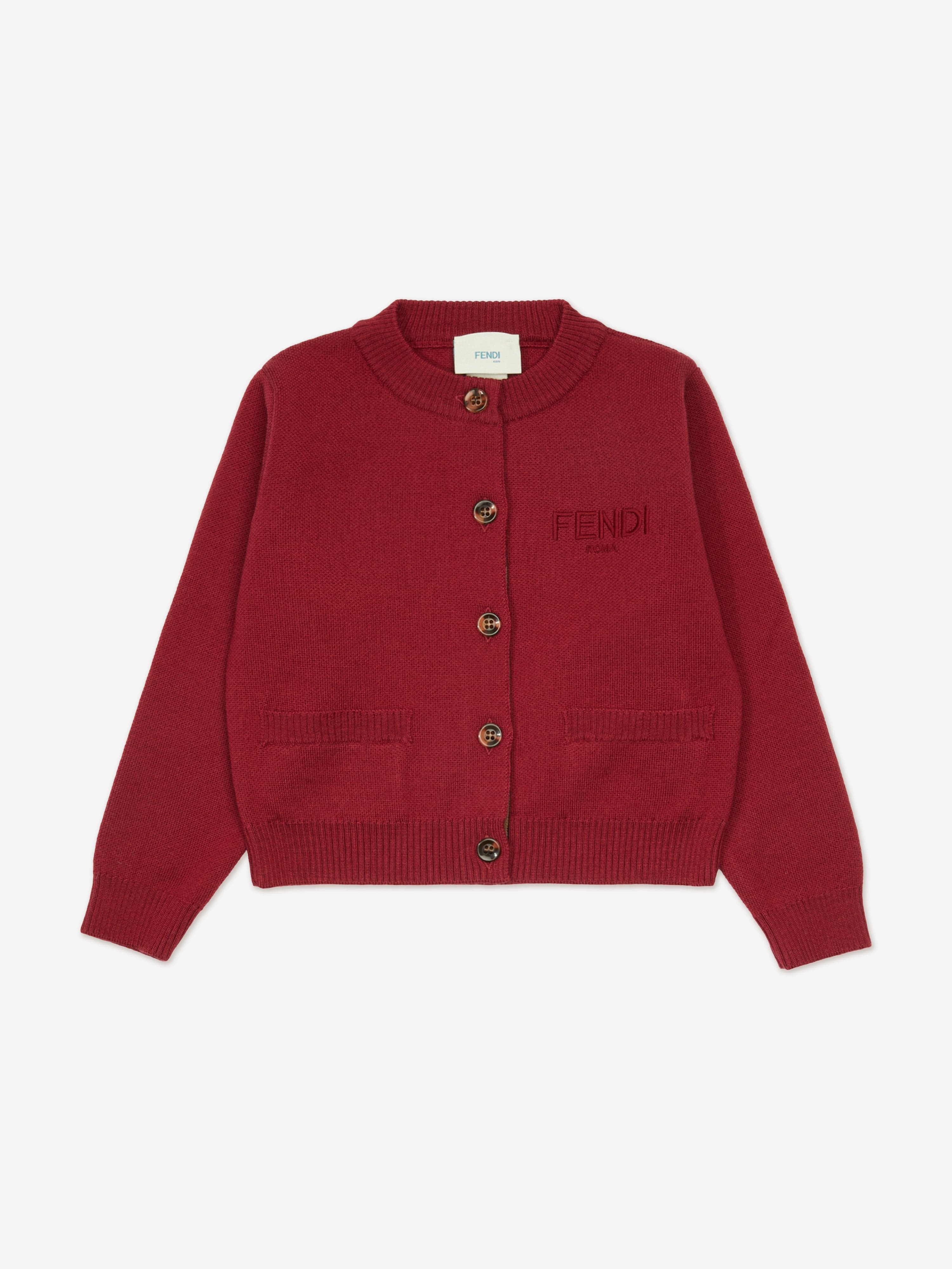 Fendi Girls Wool Knit Logo Cardigan in Red