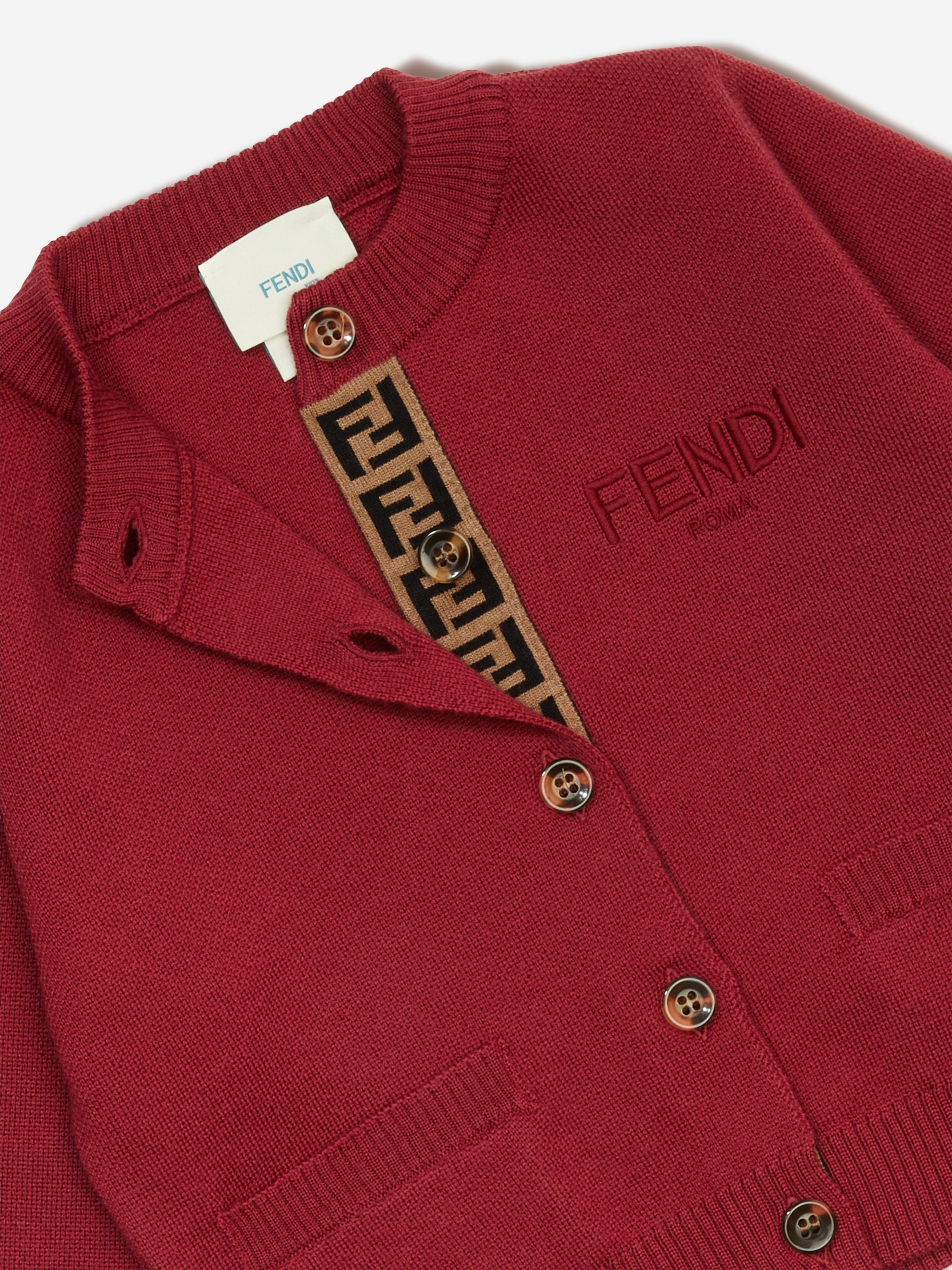Fendi Girls Wool Knit Logo Cardigan in Red