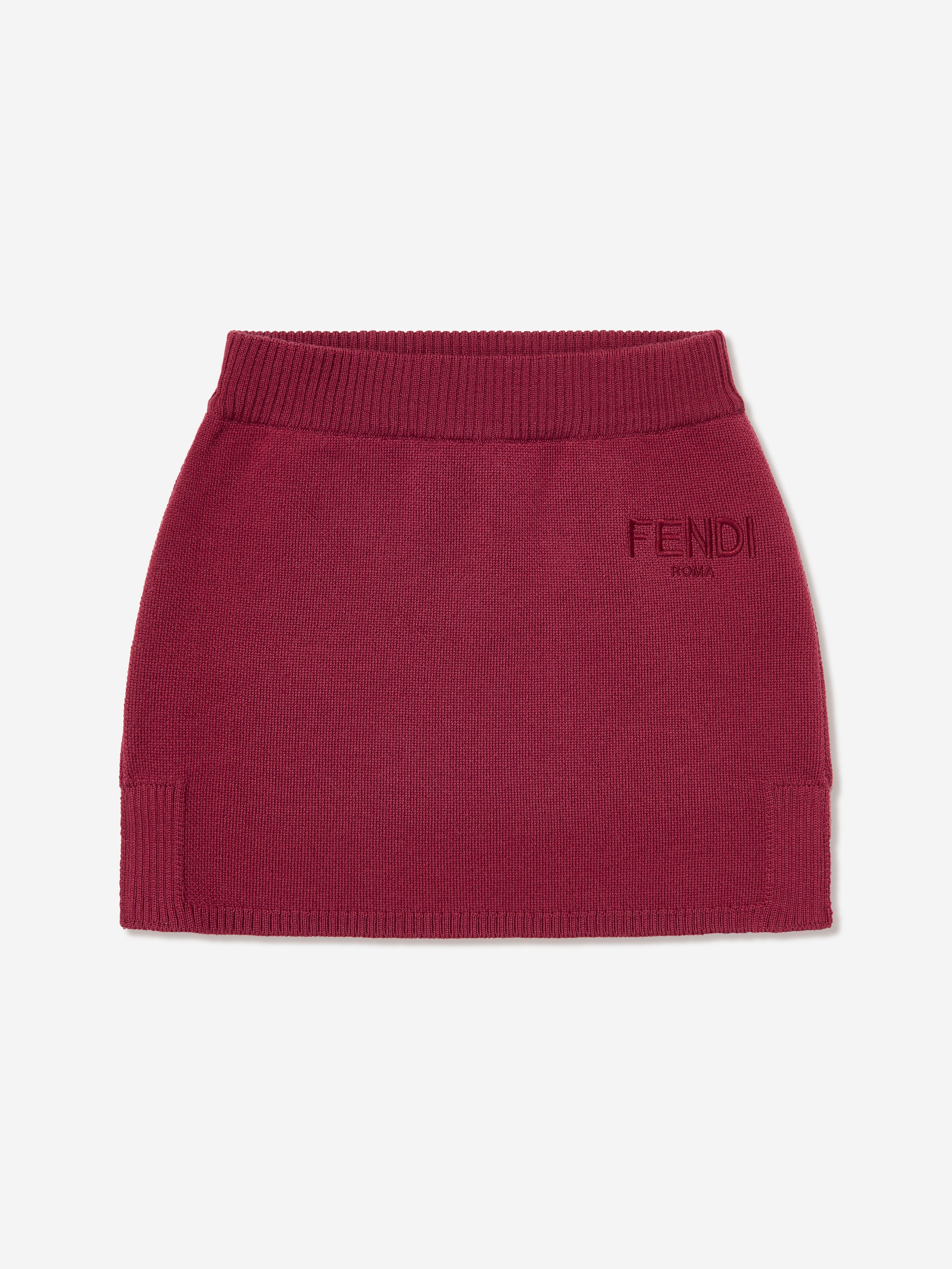 Fendi Girls Wool Knit Logo Skirt in Red