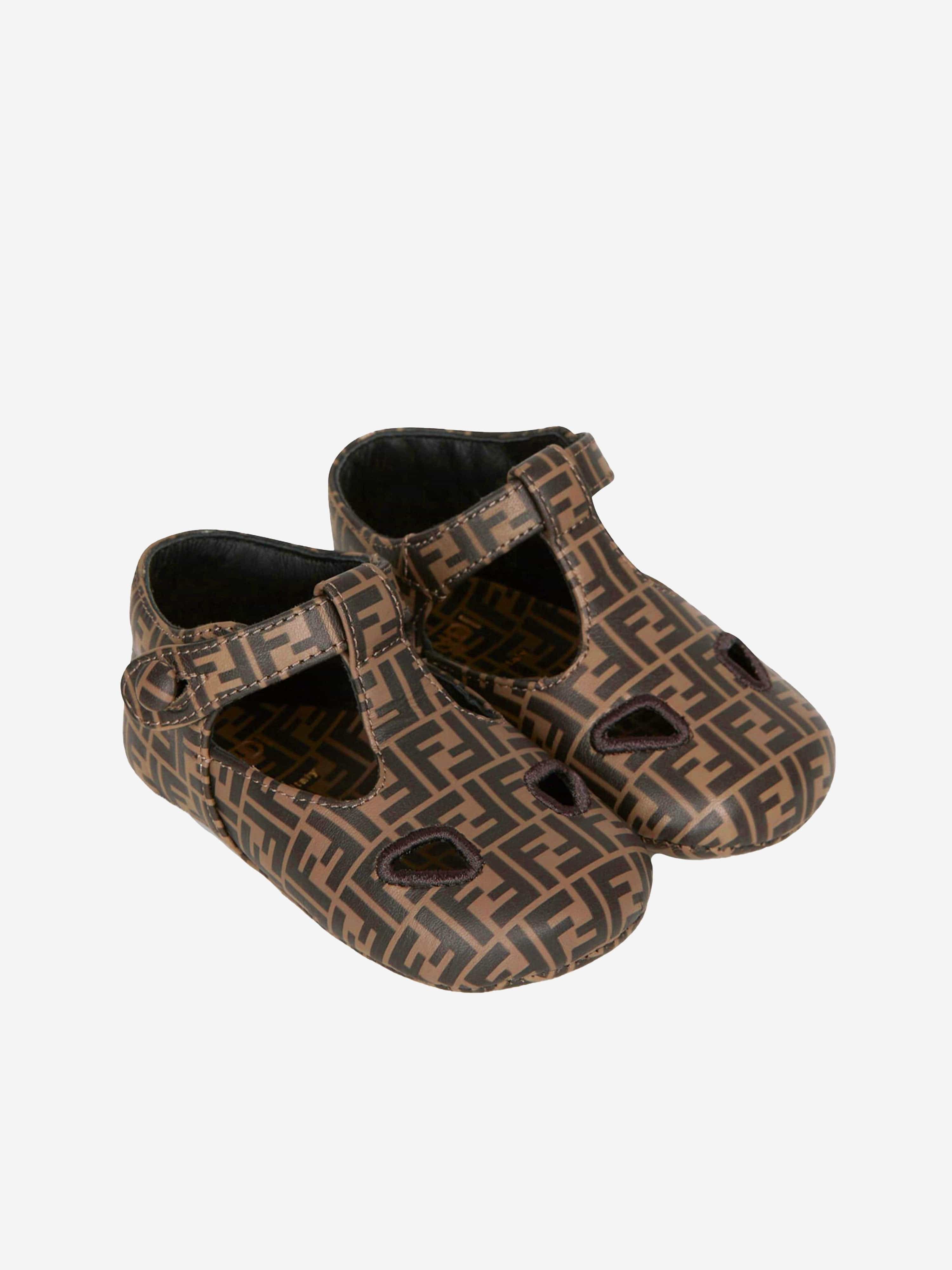 Fendi Baby Leather FF Logo Sandals in Brown