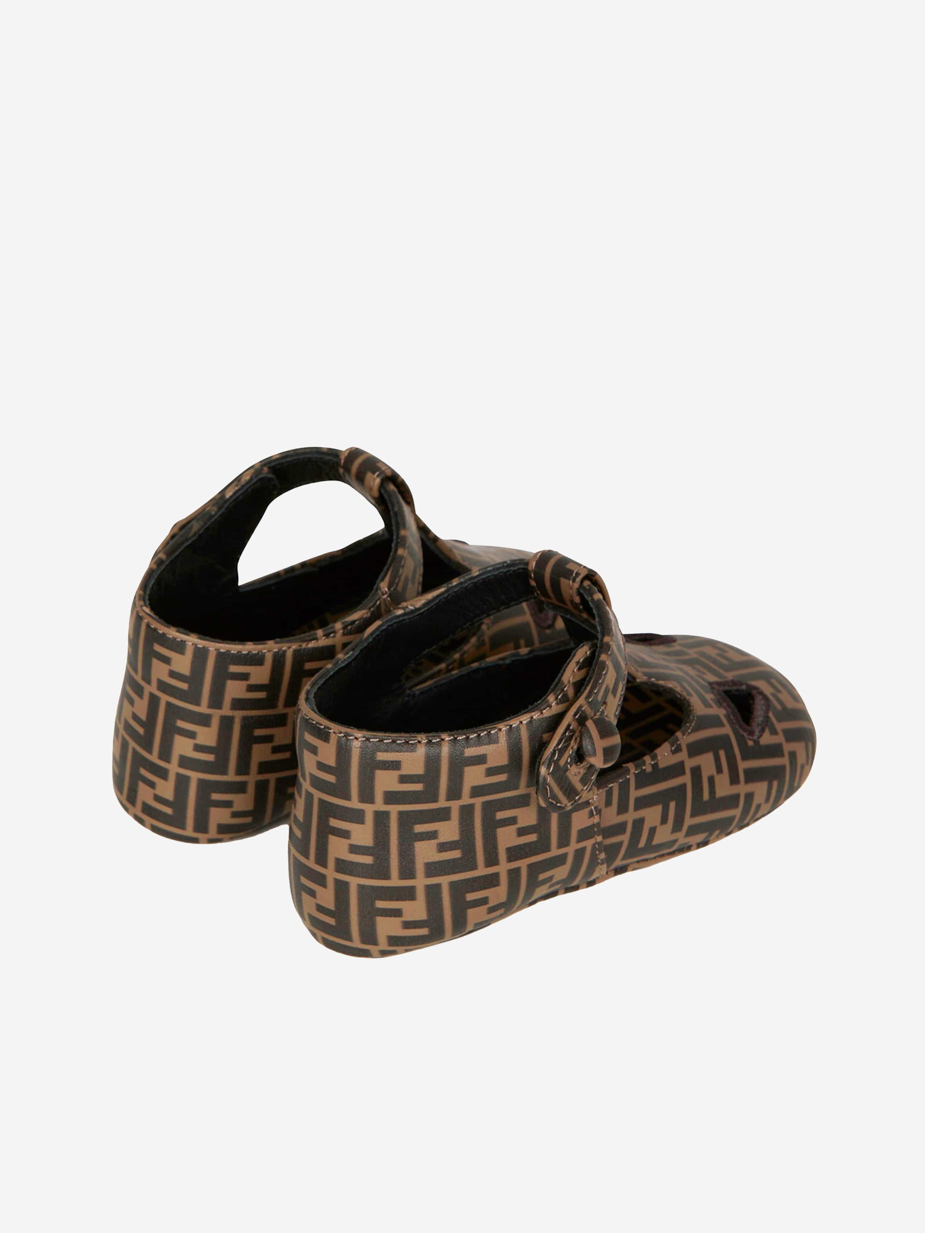 Fendi Baby Leather FF Logo Sandals in Brown