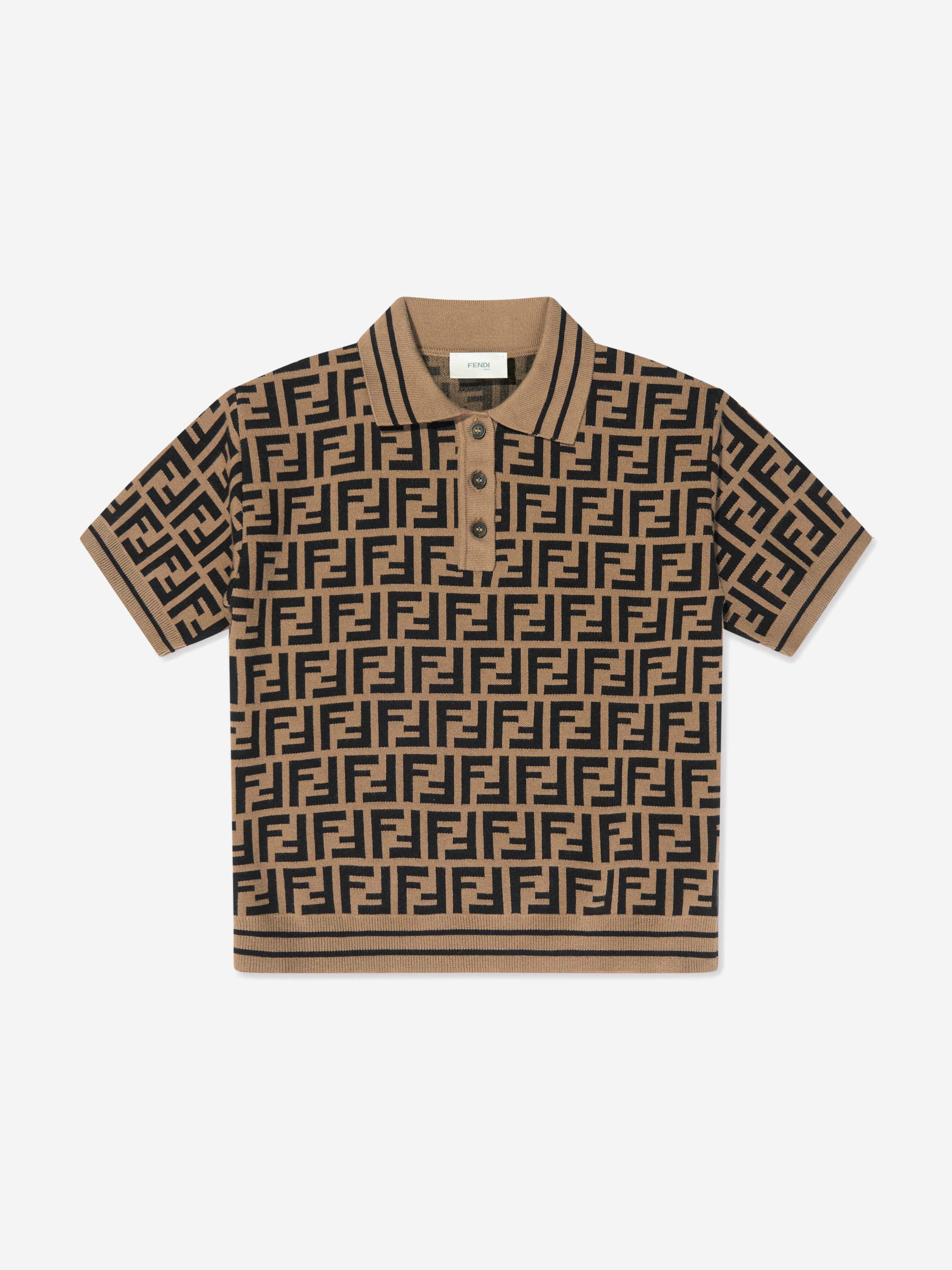 Fendi Boys FF Knit Polo Shirt in Brown