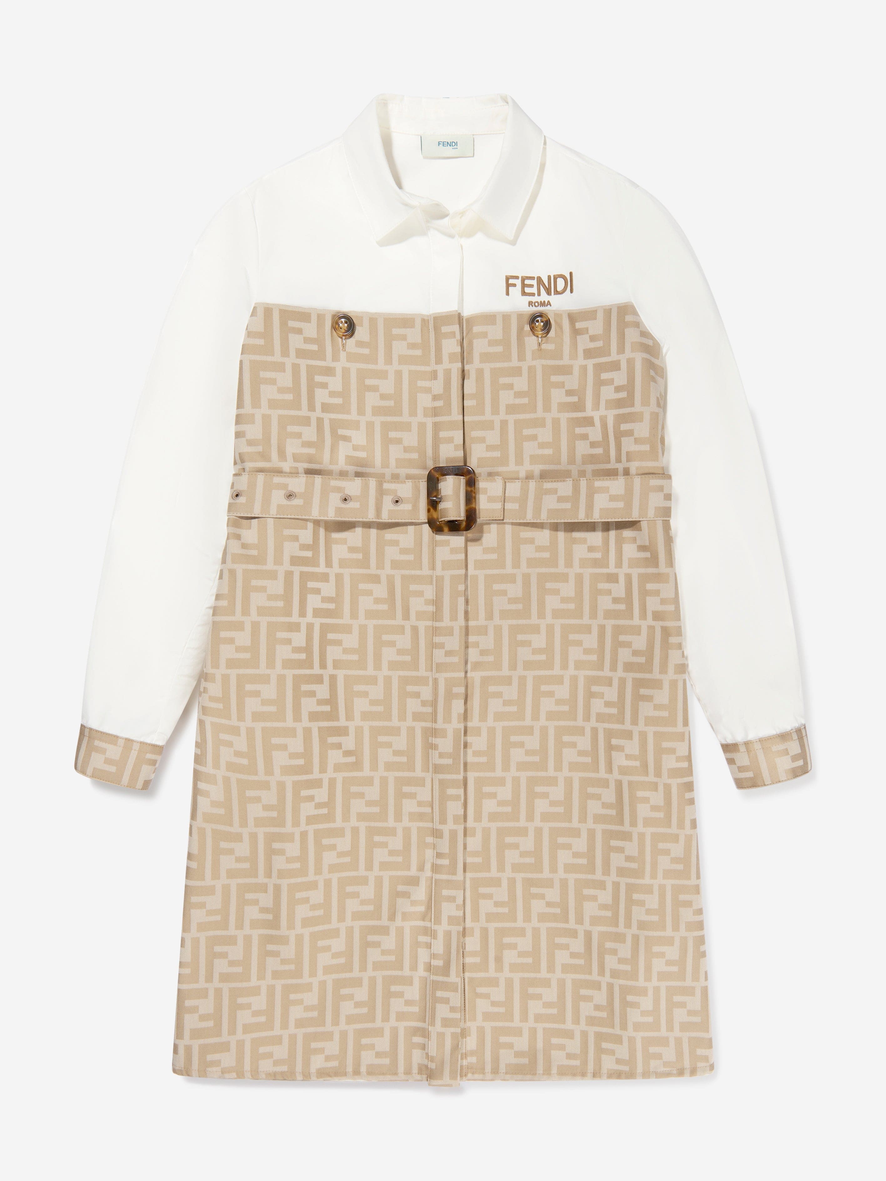 Fendi Girls Logo Shirt Dress in Beige