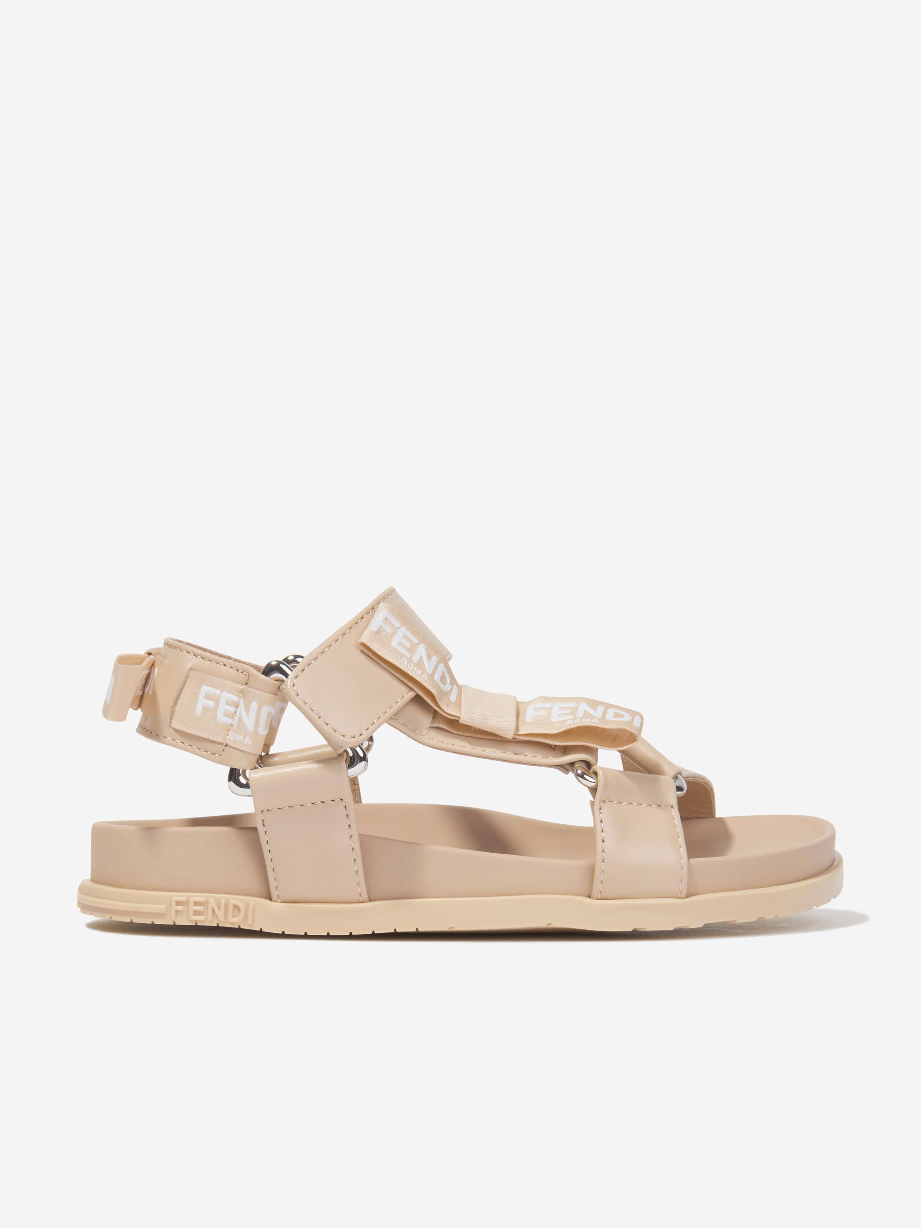 Fendi Girls Leather Jacquard Logo Sandals in Beige