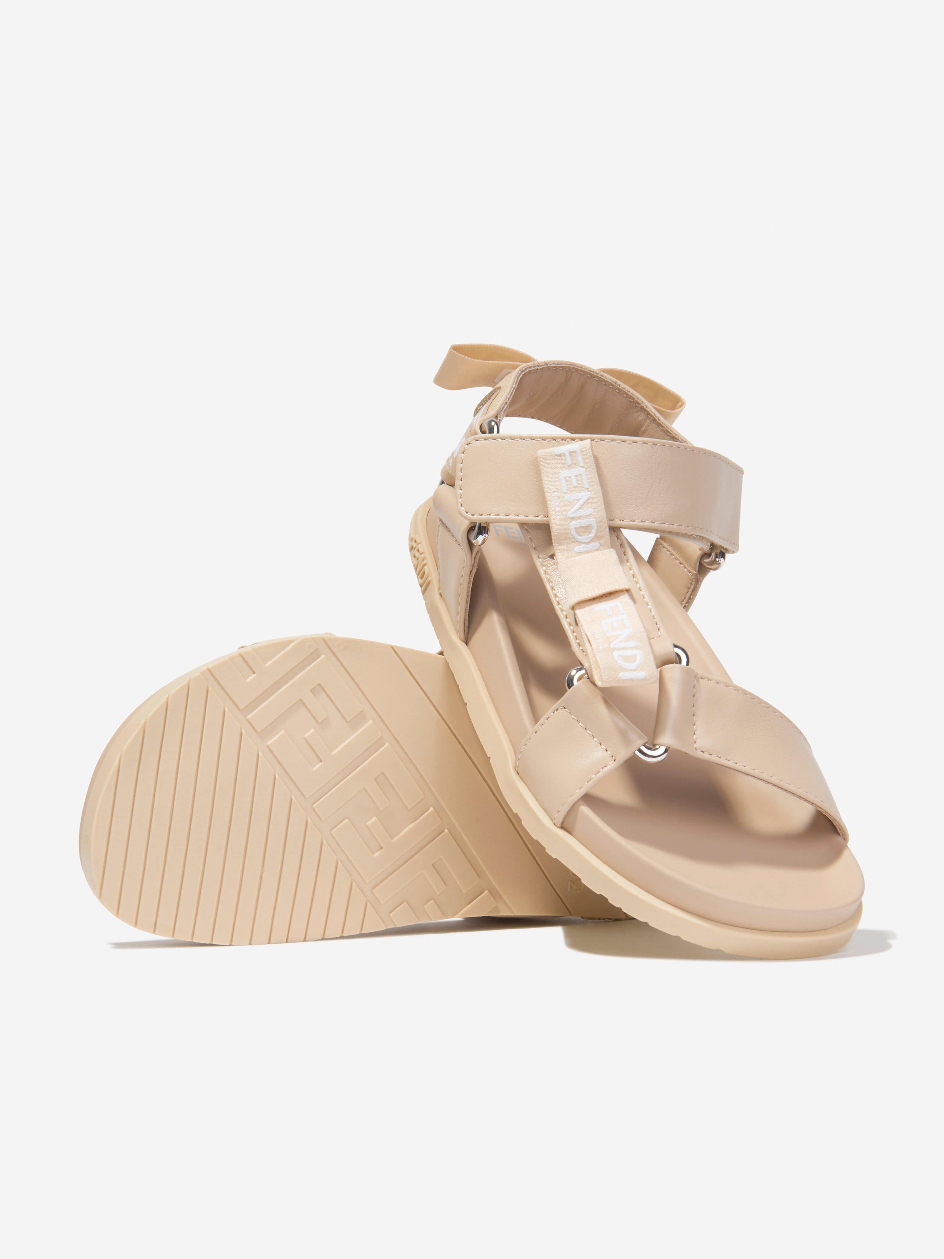 Fendi Girls Leather Jacquard Logo Sandals in Beige