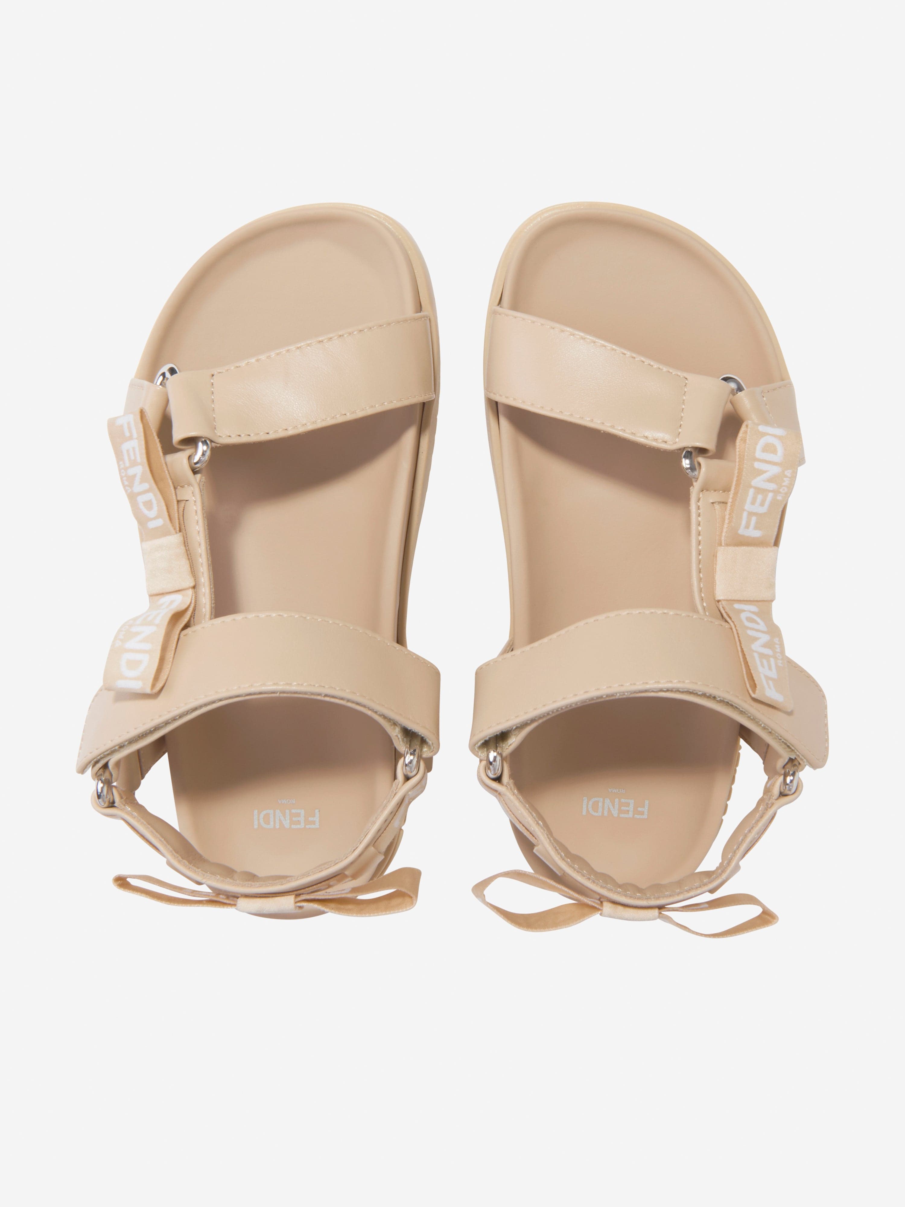 Fendi Girls Leather Jacquard Logo Sandals in Beige