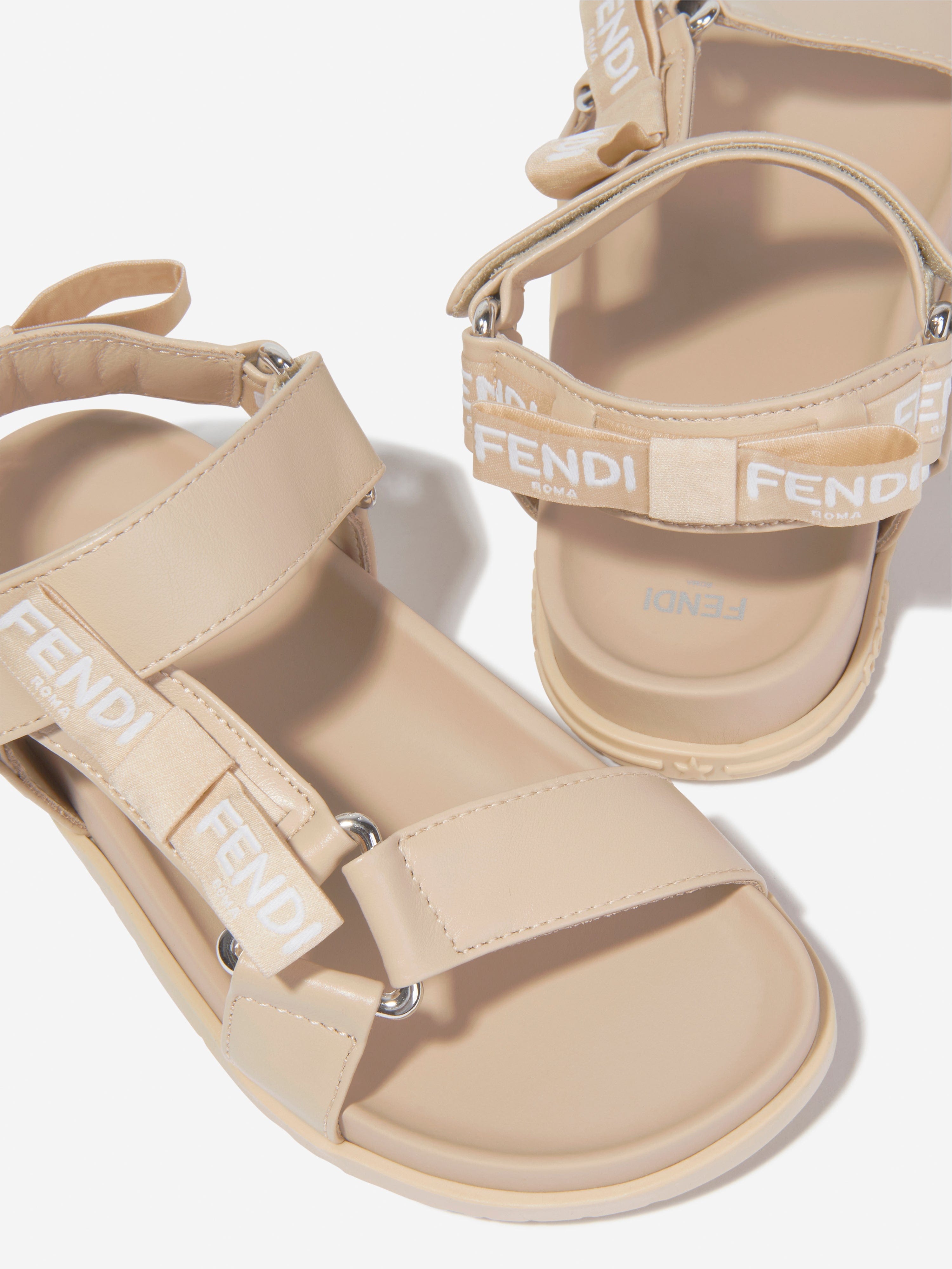 Fendi Girls Leather Jacquard Logo Sandals in Beige