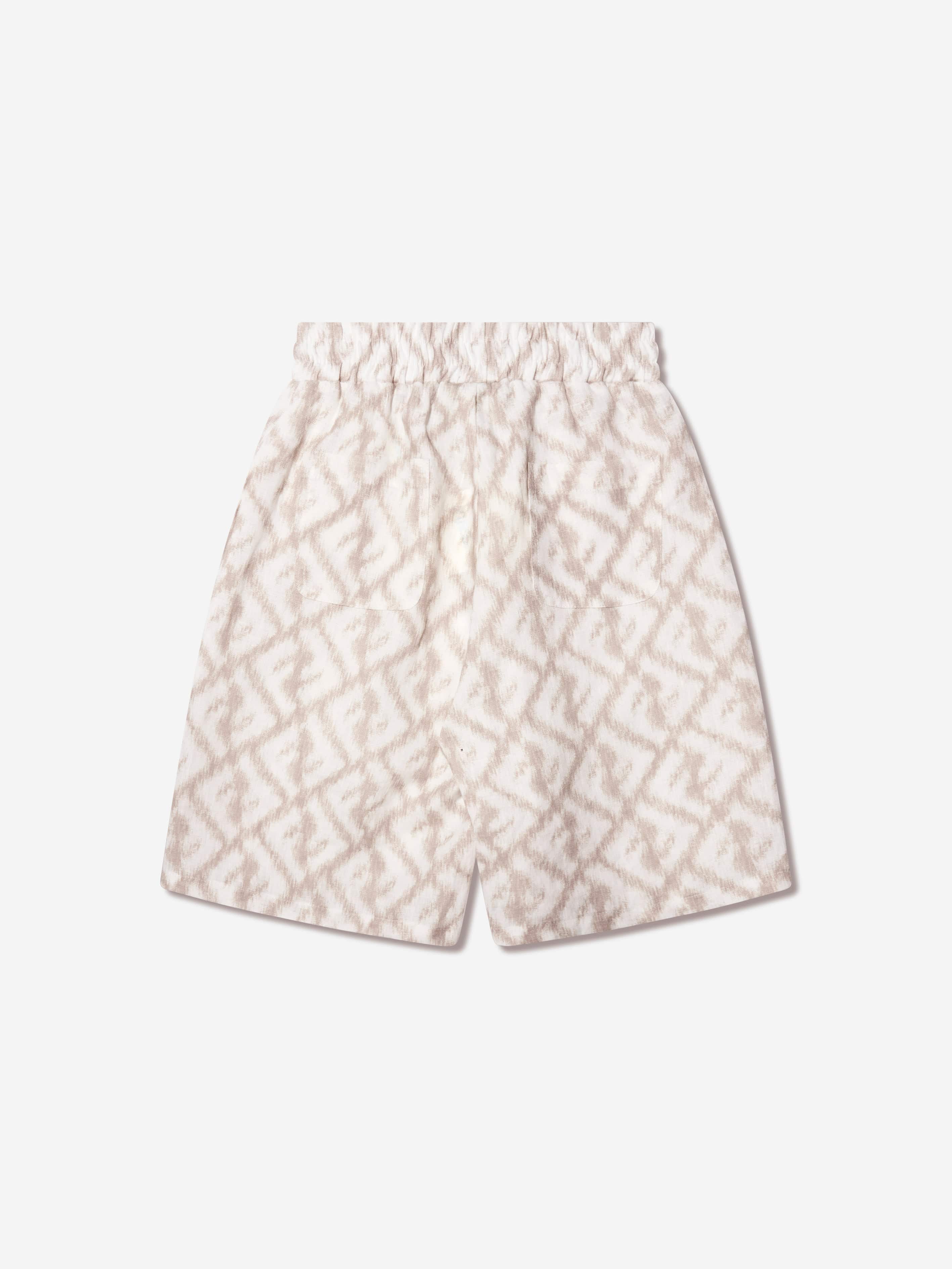 Fendi Boys FF Logo Linen Shorts in Ivory