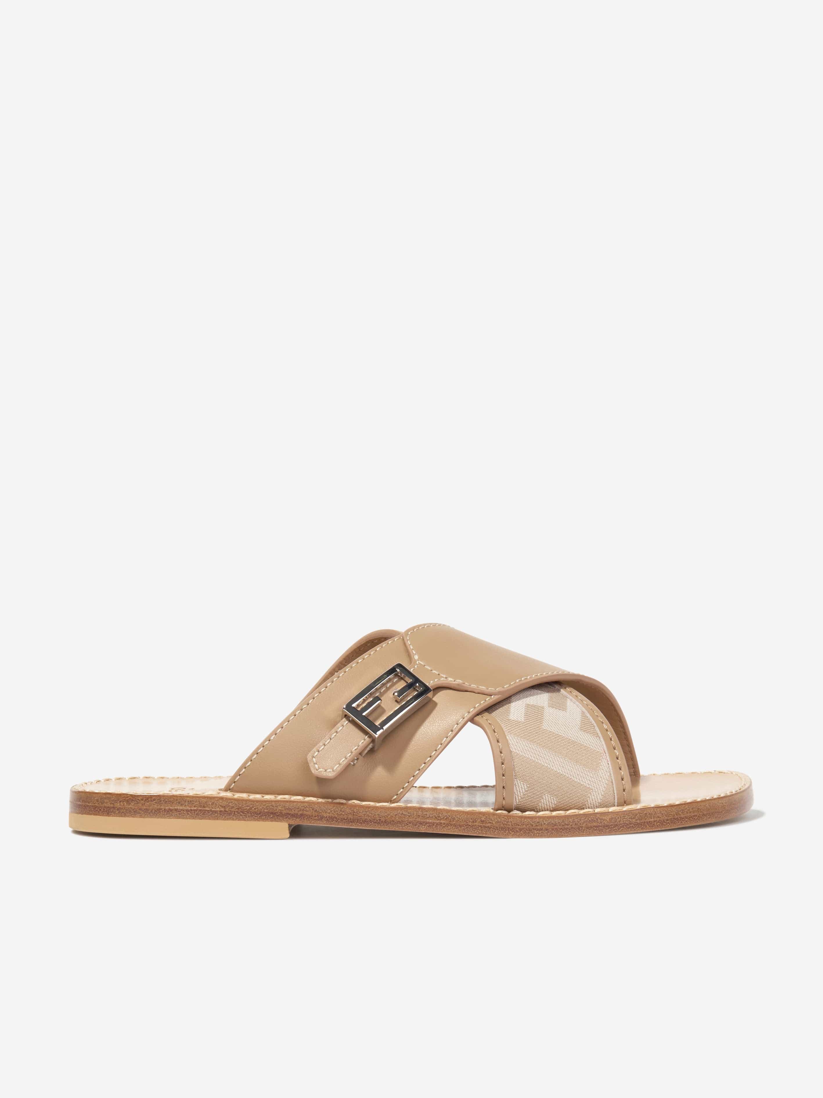 Fendi Girls Leather FF Logo Sandals in Beige