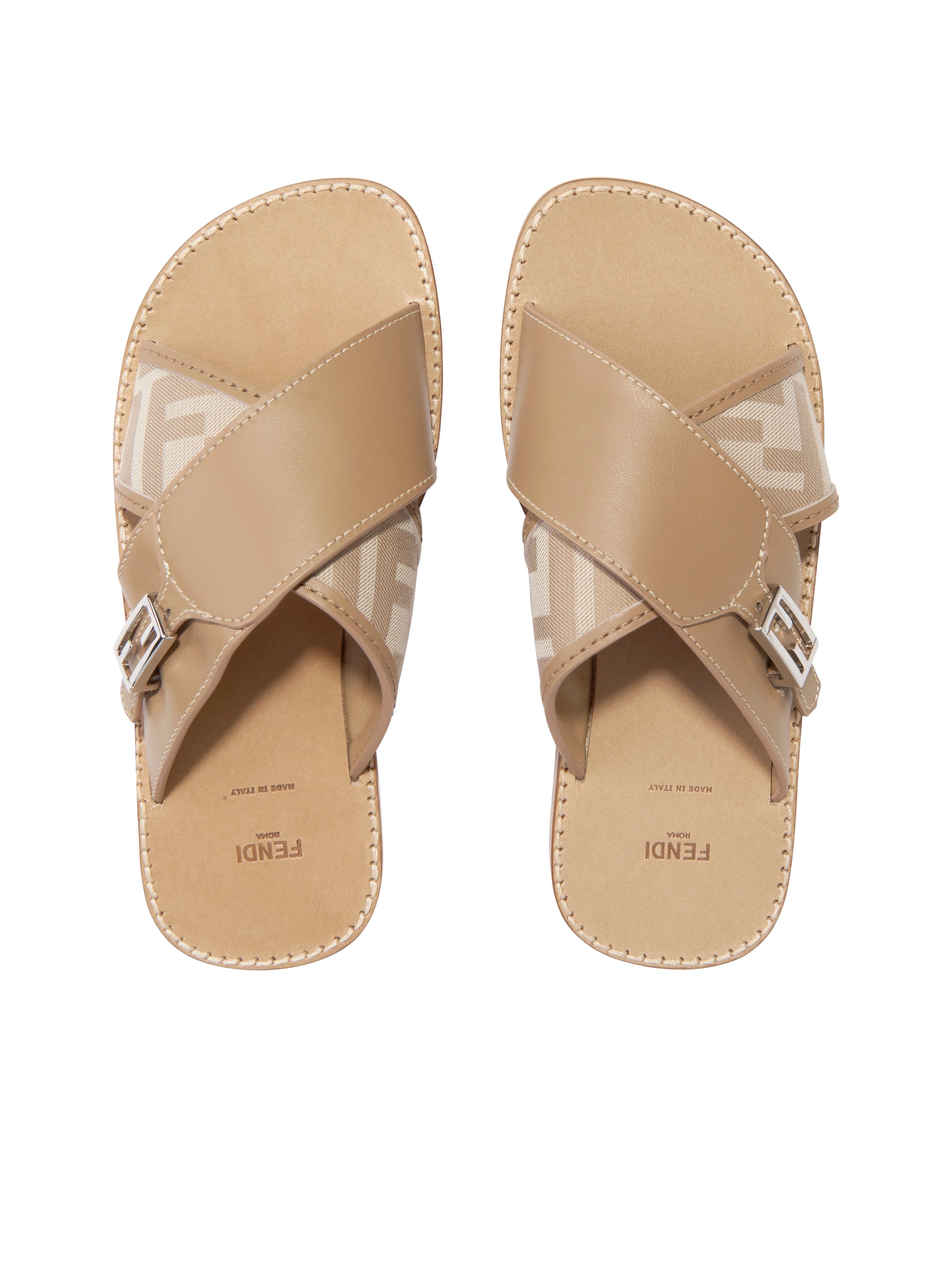 Fendi Girls Leather FF Logo Sandals in Beige